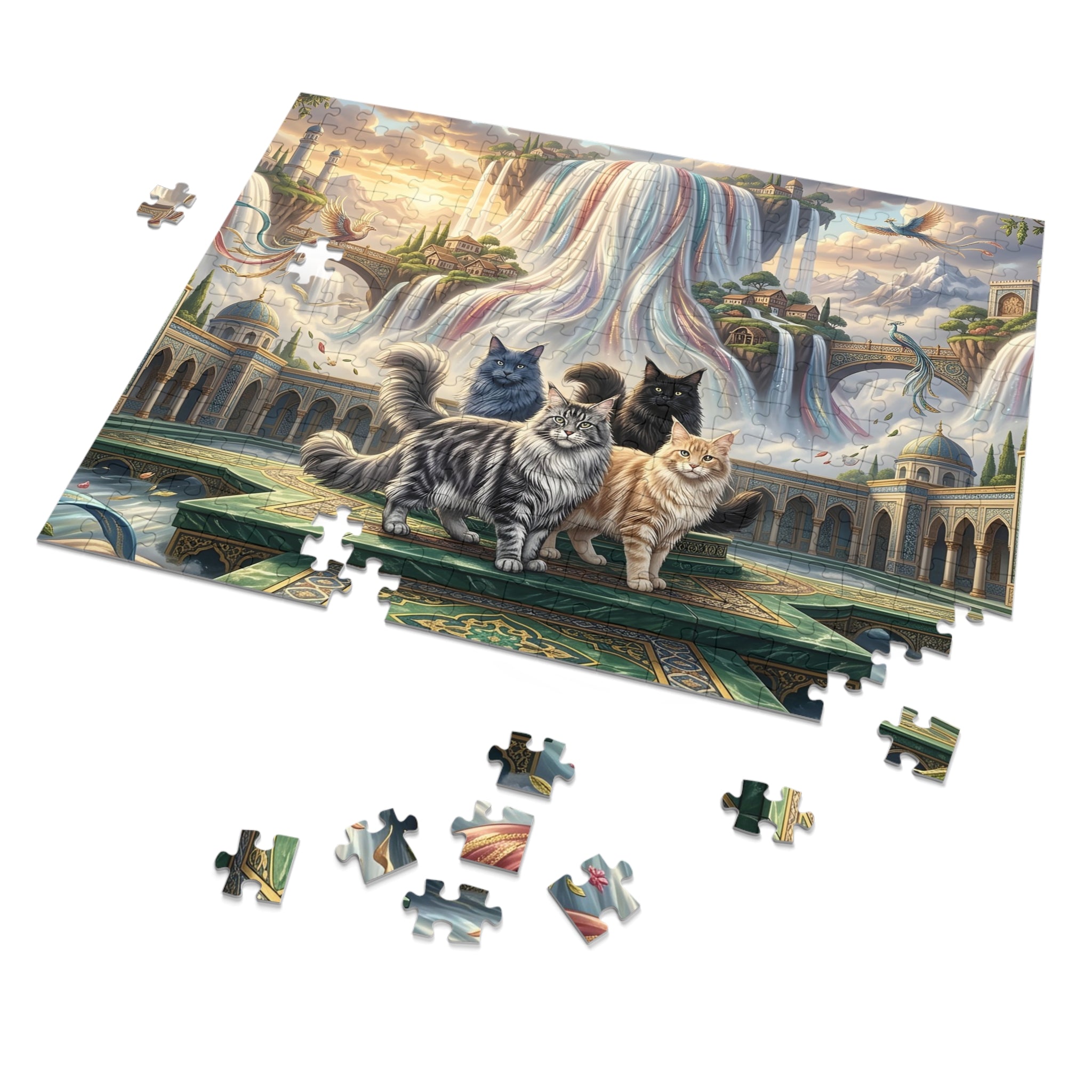 Maine Coon Cat Rainbow Waterfall Palace Phoenix Courtyard Jigsaw Puzzle