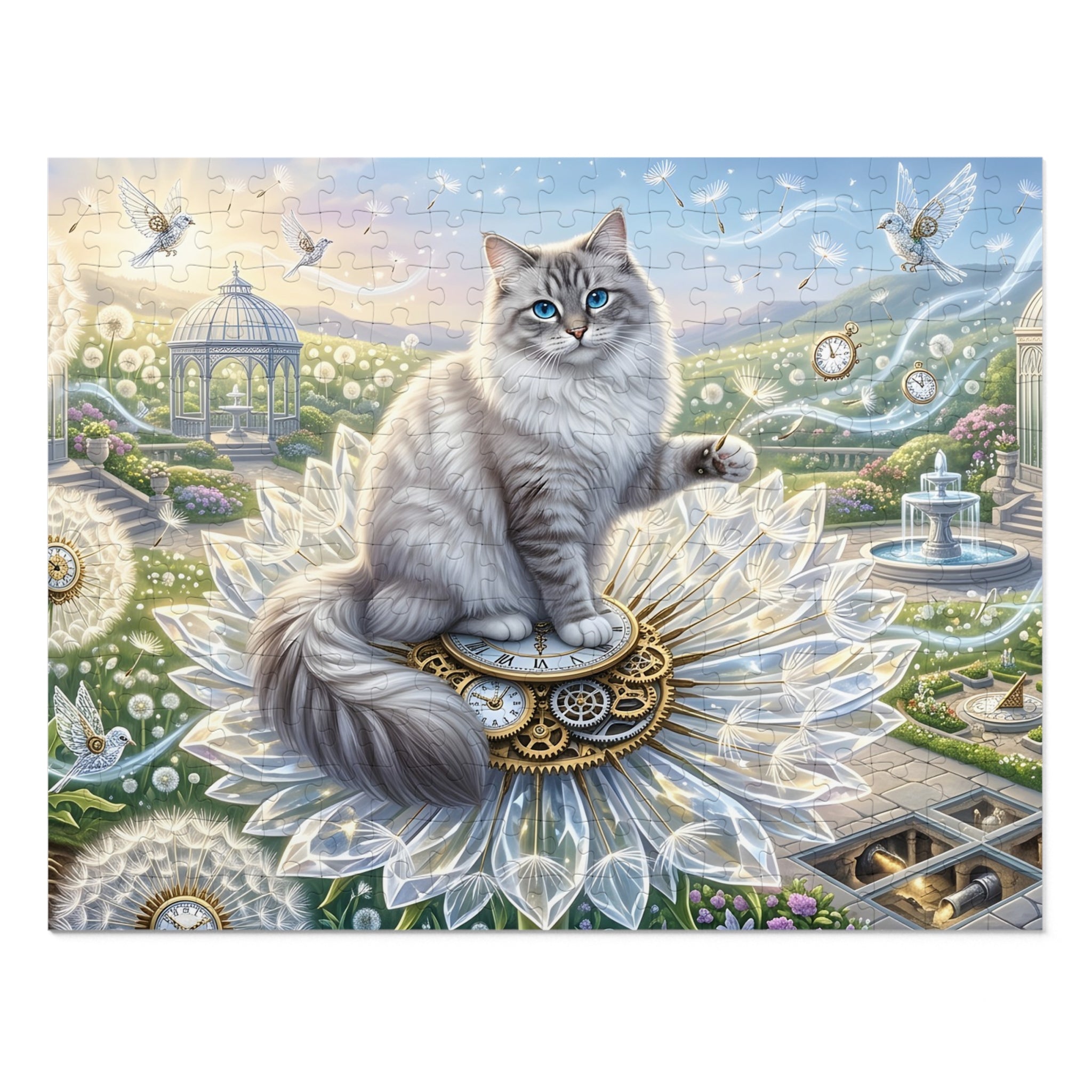 Ragdoll Cat Steampunk Clockwork Dandelion Garden Jigsaw Puzzle