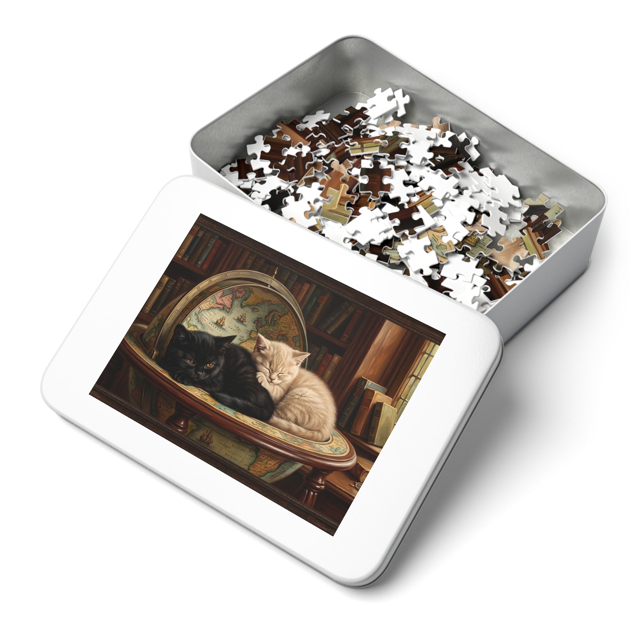 Black and Cream British Shorthair Kittens Globe Study Jigsaw Puzzle