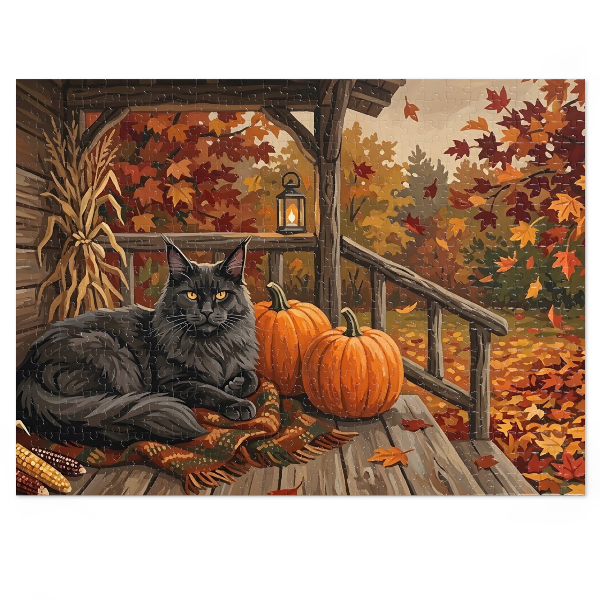 Black Maine Coon Autumn Porch Pumpkins Jigsaw Puzzle