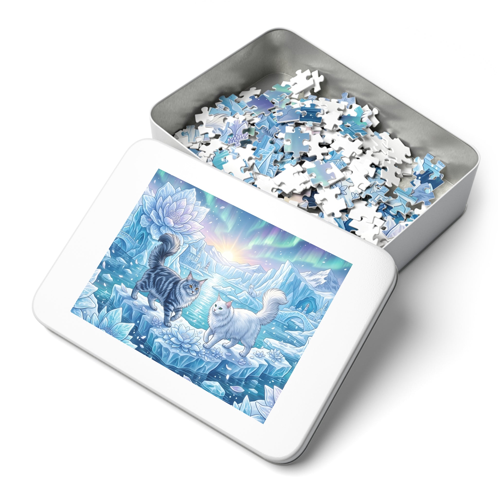 Maine Coon Cat Ice Lotus Aurora Northern Lights Arctic Iceberg Jigsaw Puzzle