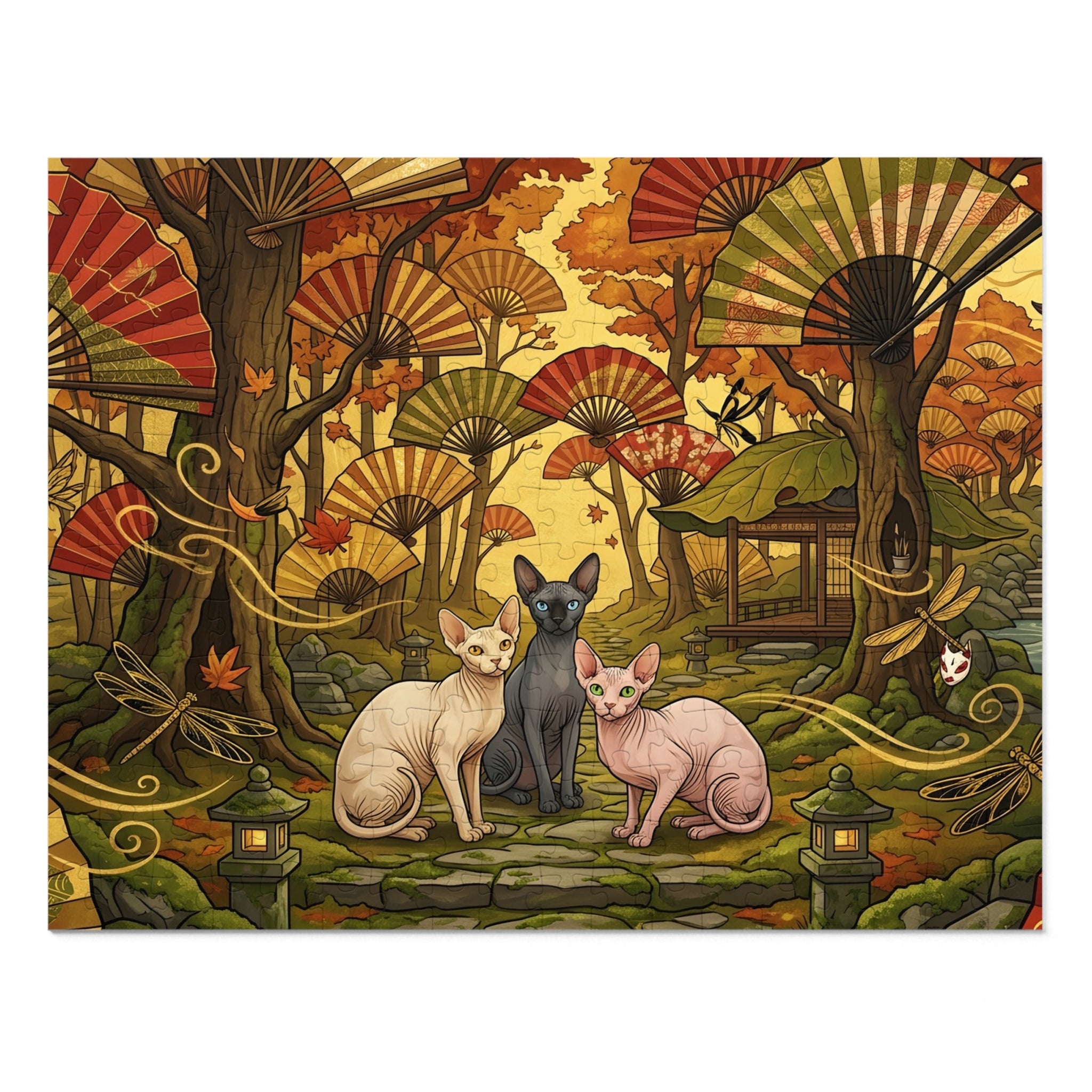 Sphynx Cat Japanese Fan Forest Autumn Dragonfly Jigsaw Puzzle