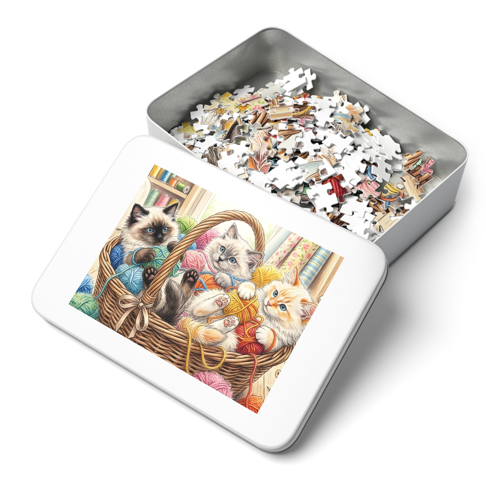 Seal, Blue, and Flame Point Ragdoll Kittens Yarn Basket Jigsaw Puzzle
