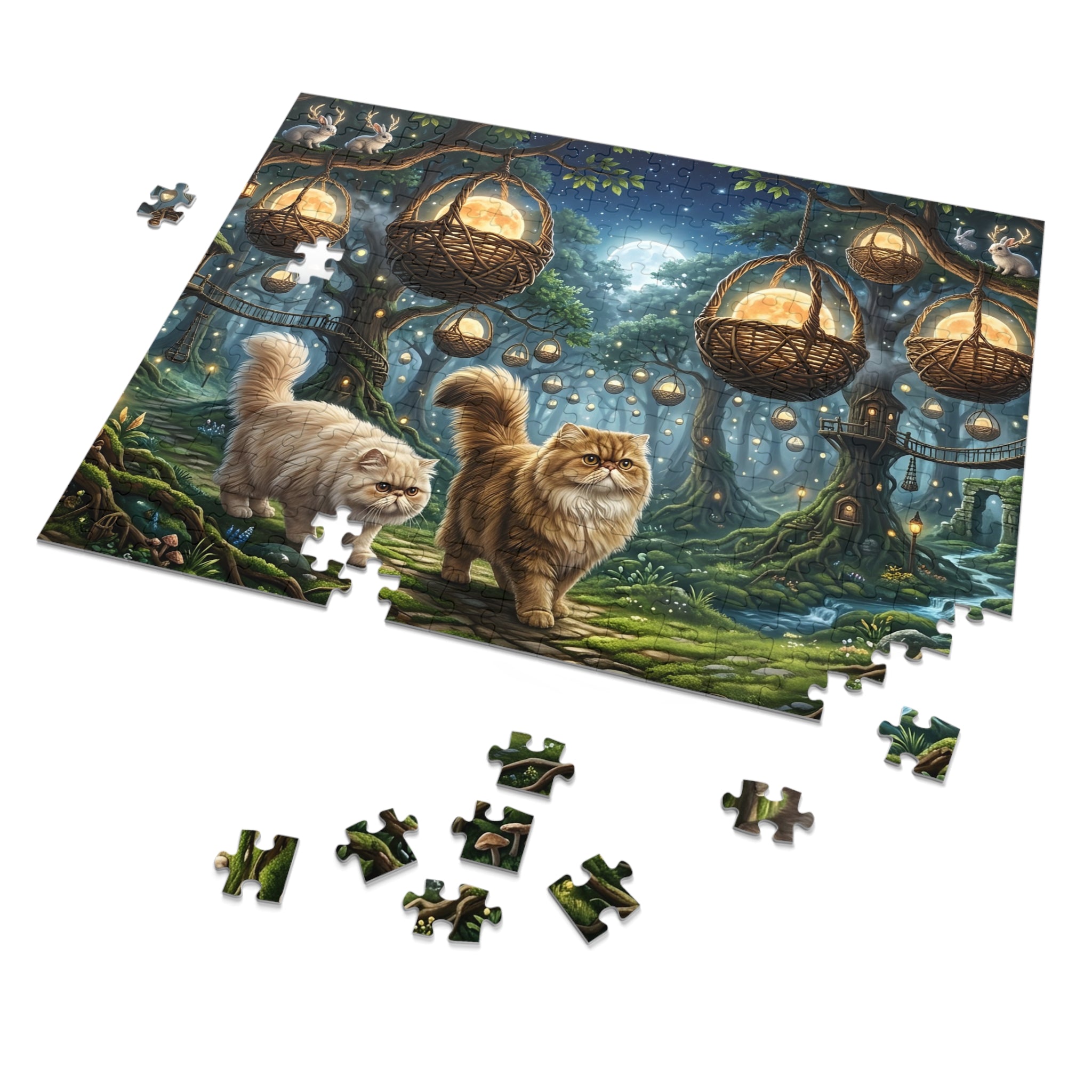Persian Cat Enchanted Forest Moon Basket Lanterns Jigsaw Puzzle