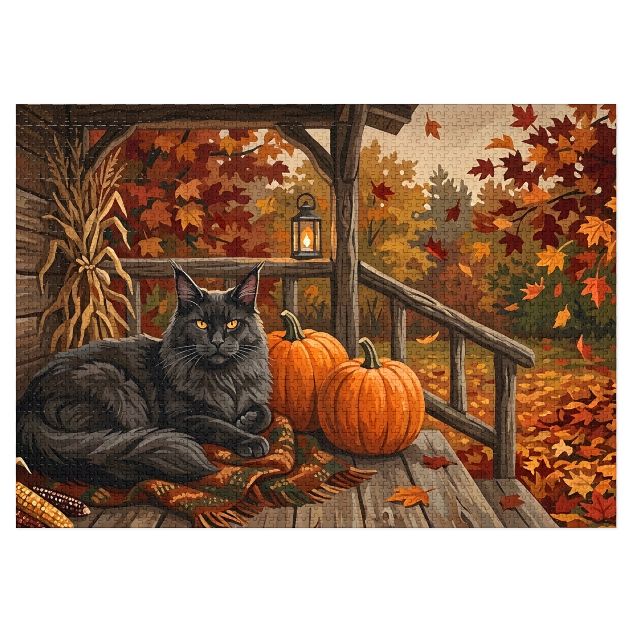 Black Maine Coon Autumn Porch Pumpkins Jigsaw Puzzle
