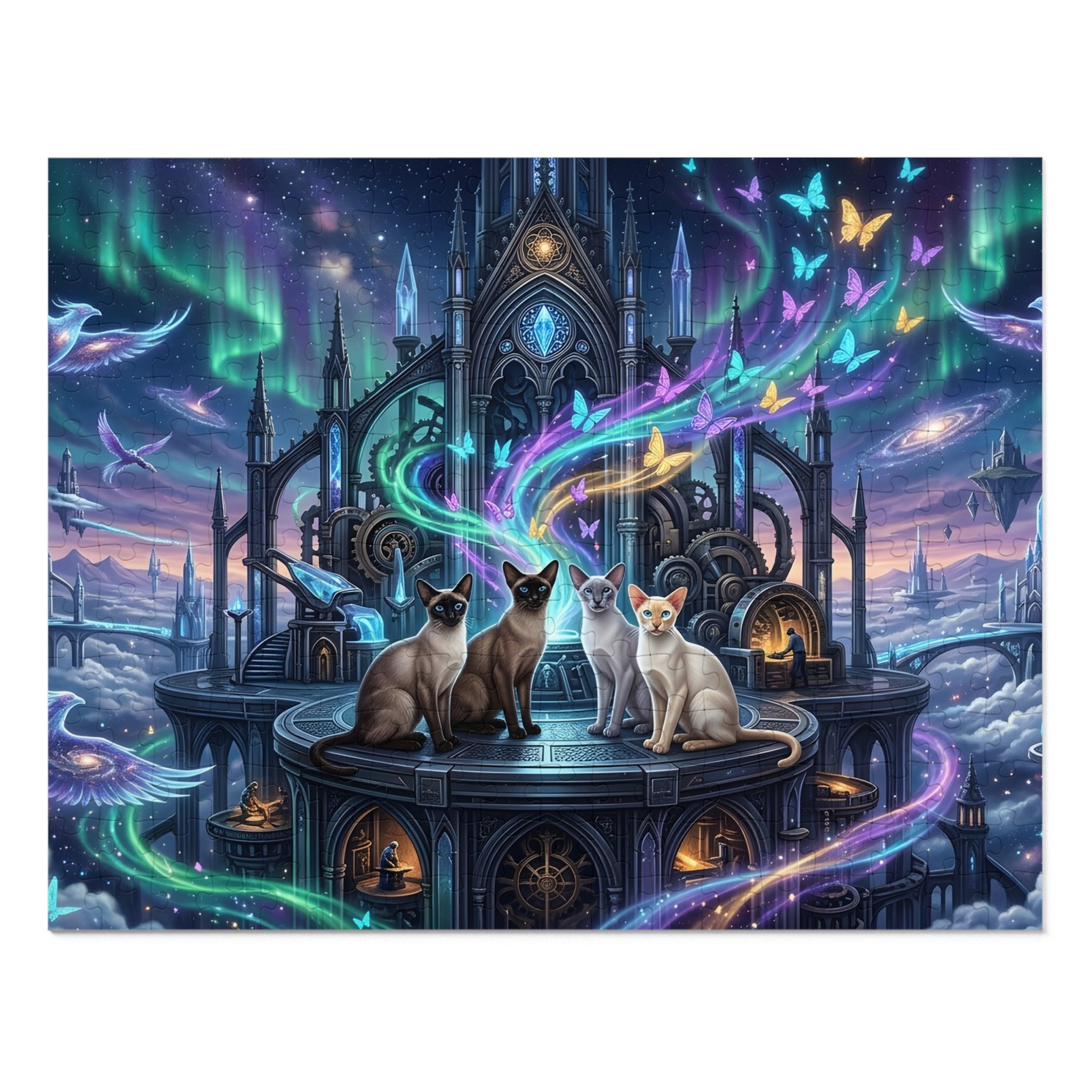 Siamese Cat Gothic Clockwork Citadel Aurora Butterfly Cosmic Jigsaw Puzzle