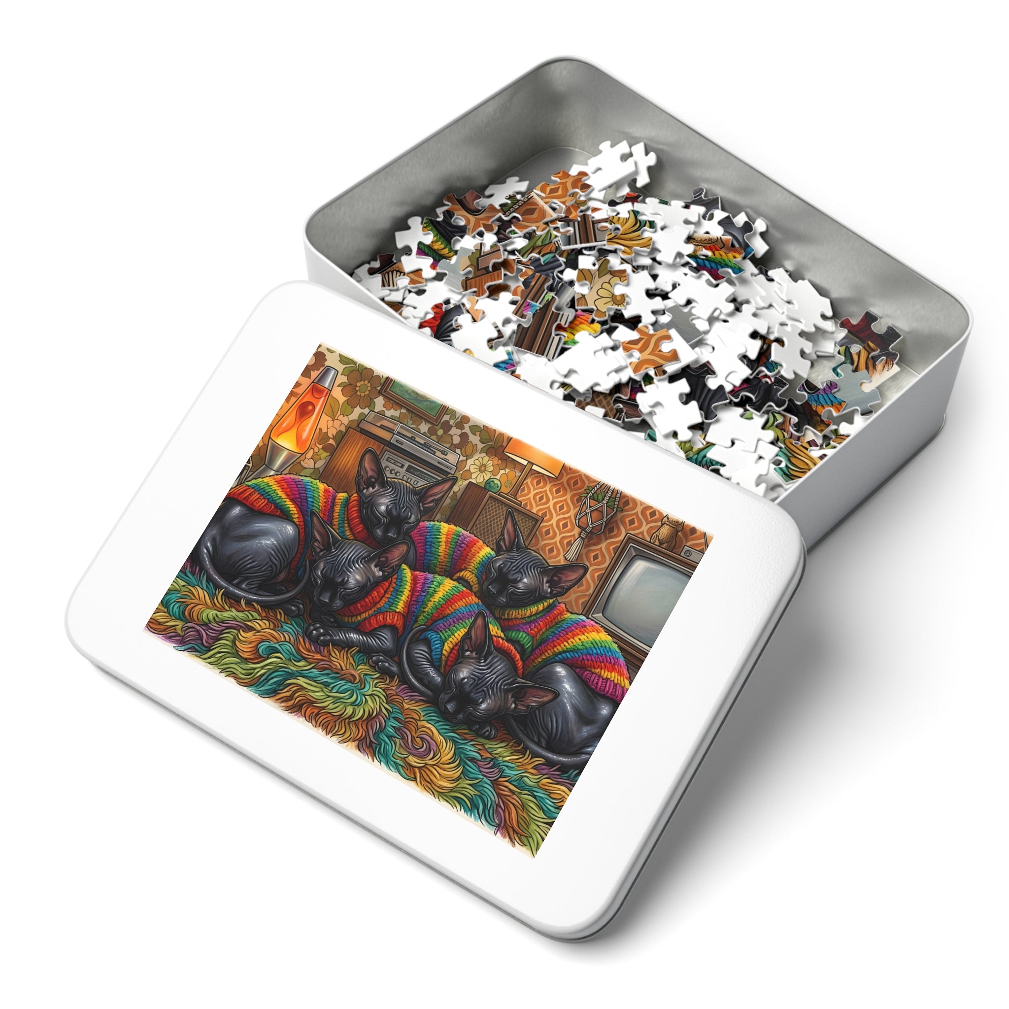 Black Sphynx Rainbow Knit Sweaters Retro Living Room Jigsaw Puzzle