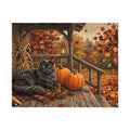 Black Maine Coon Autumn Porch Pumpkins Jigsaw Puzzle