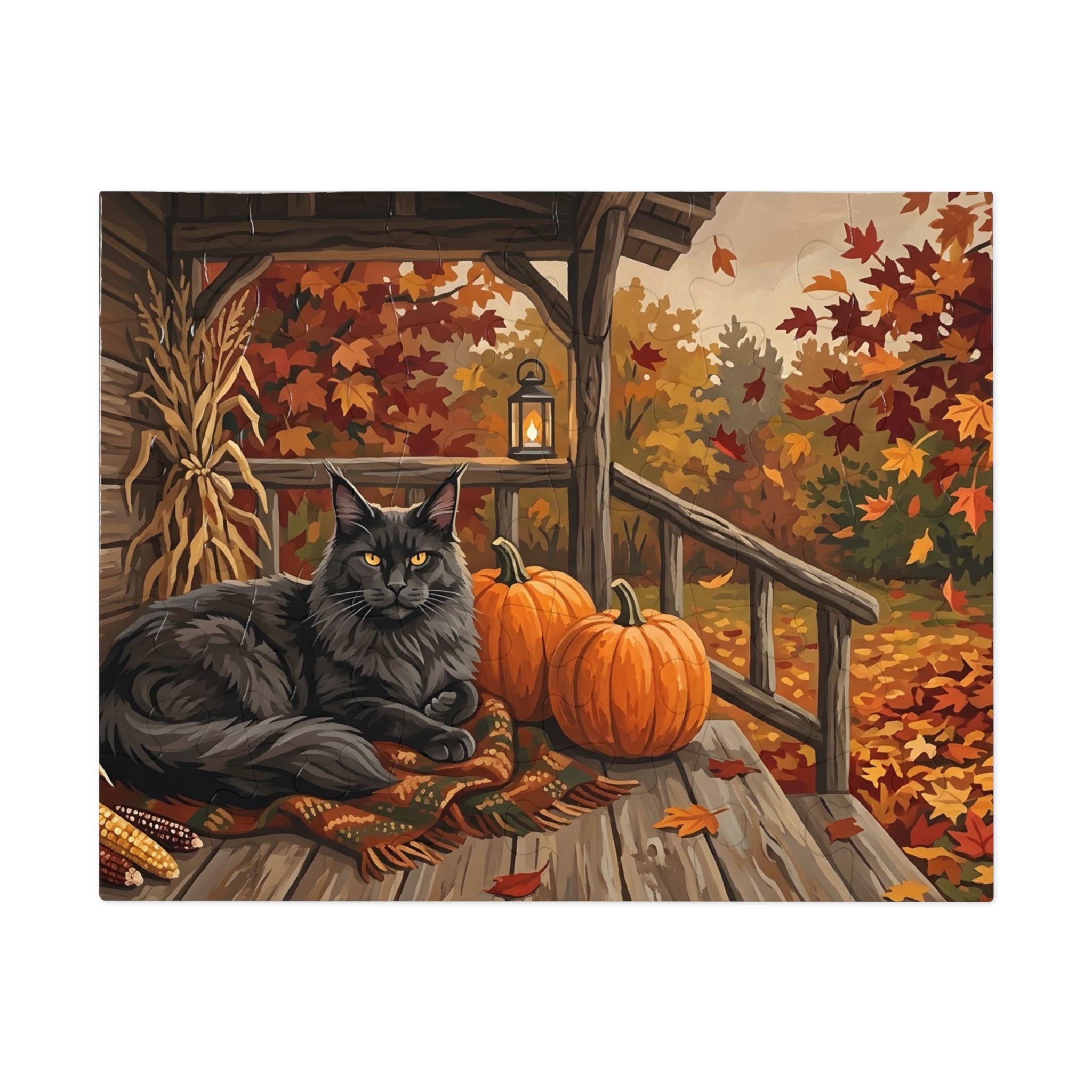 Black Maine Coon Autumn Porch Pumpkins Jigsaw Puzzle