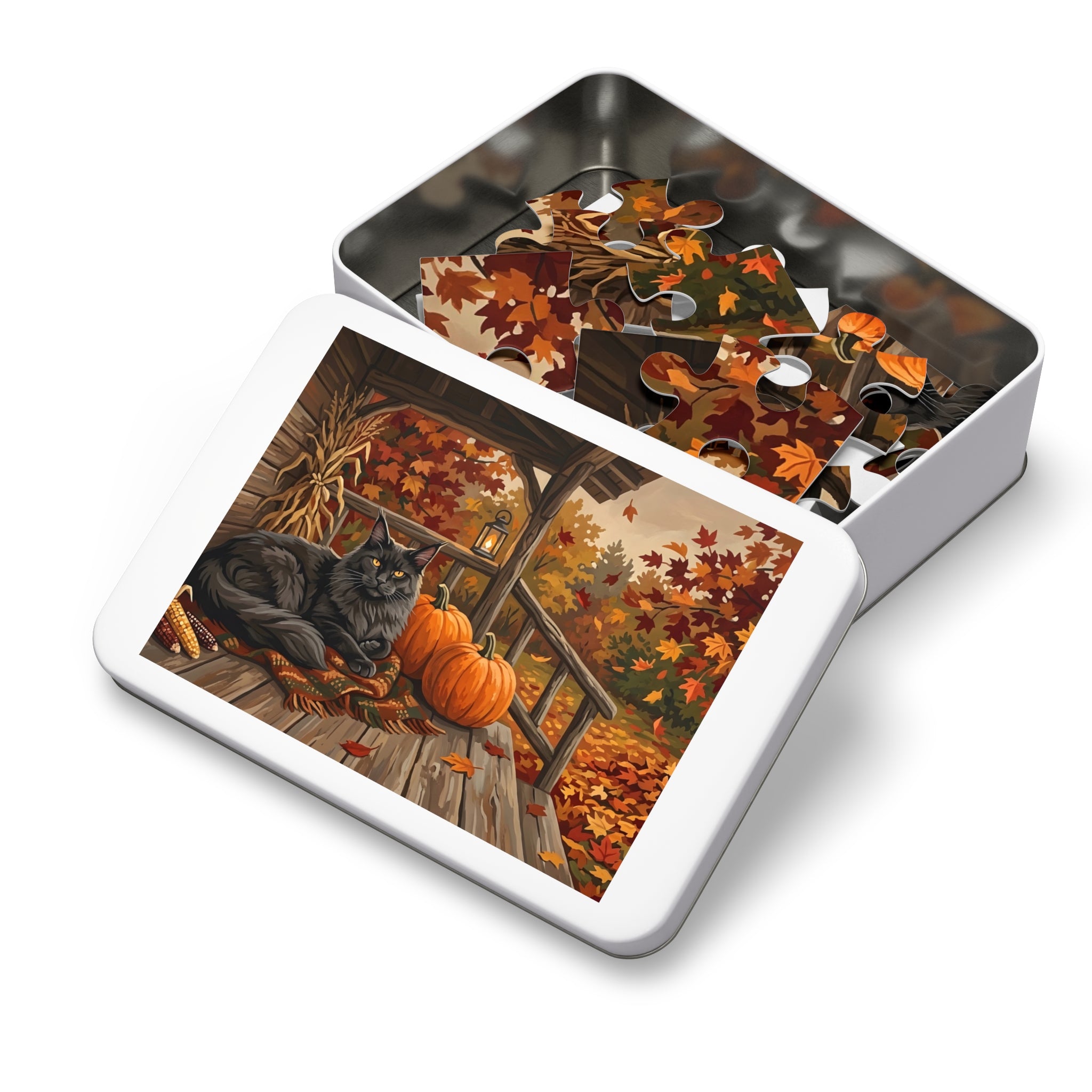 Black Maine Coon Autumn Porch Pumpkins Jigsaw Puzzle