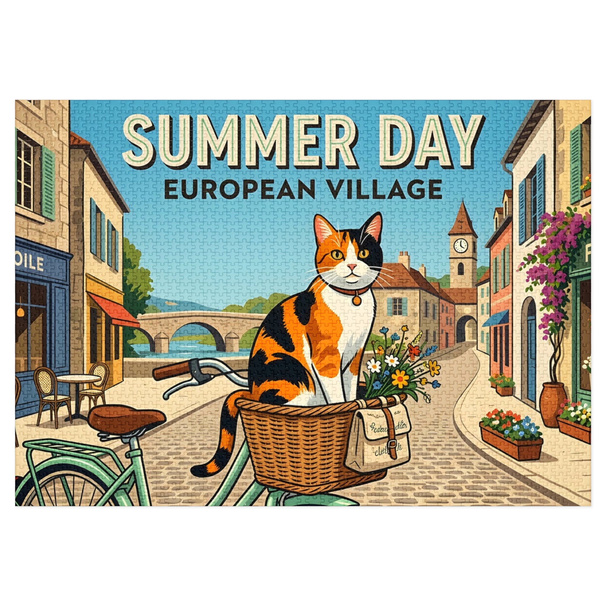 Calico American Shorthair Summer Day European Village Jigsaw Puzzle