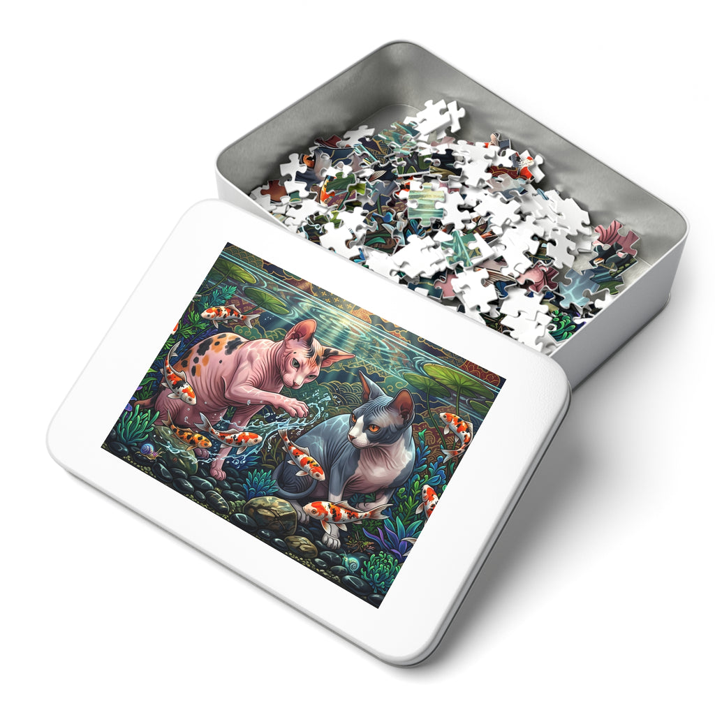 Calico and Grey White Sphynx Koi Pond Jigsaw Puzzle