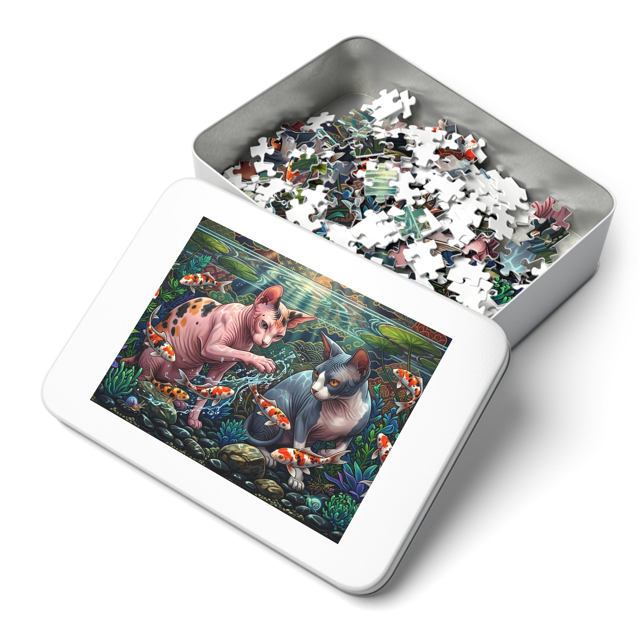 Calico and Grey White Sphynx Koi Pond Jigsaw Puzzle