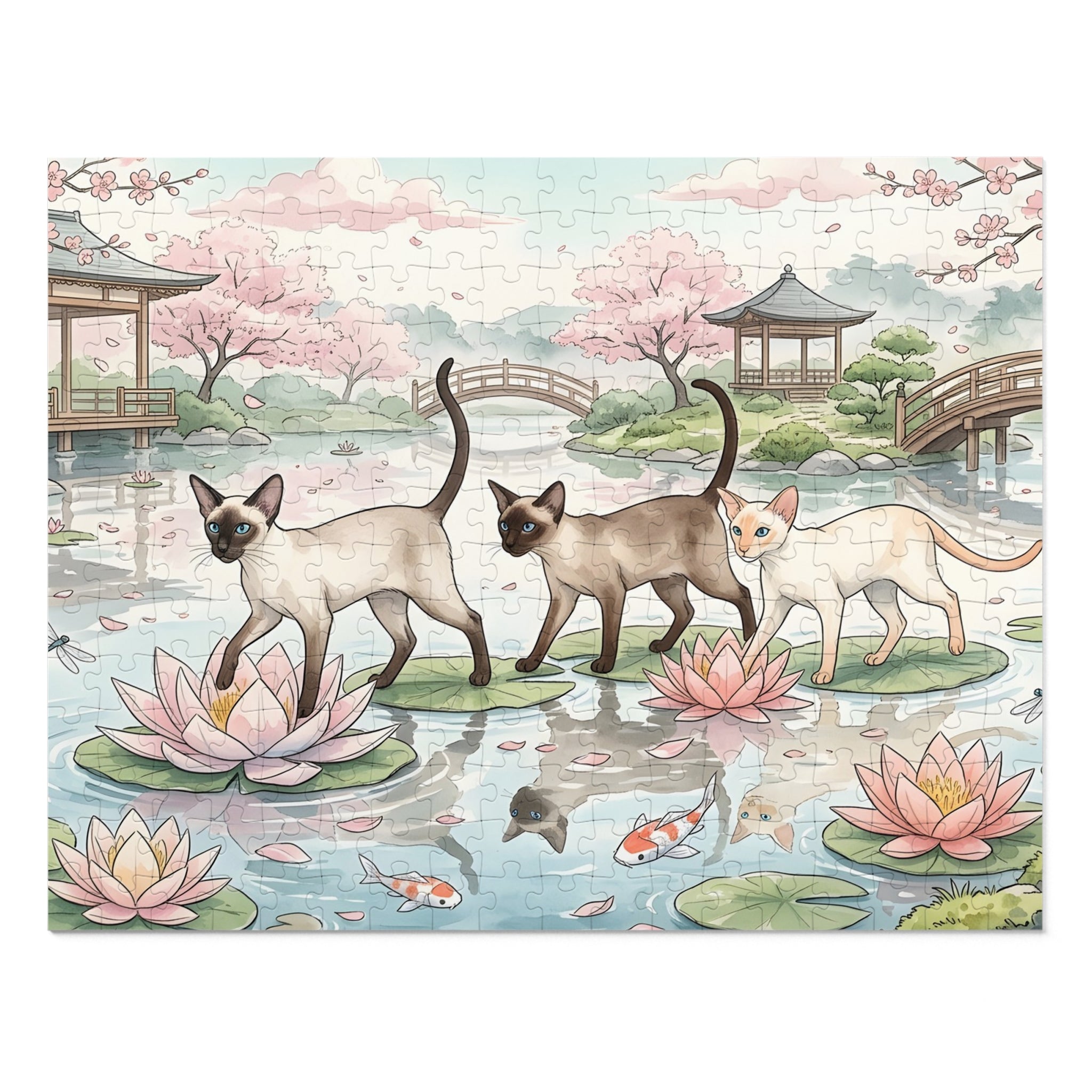 Siamese Cat Japanese Garden Water Lily Koi Pond Cherry Blossom Jigsaw Puzzle