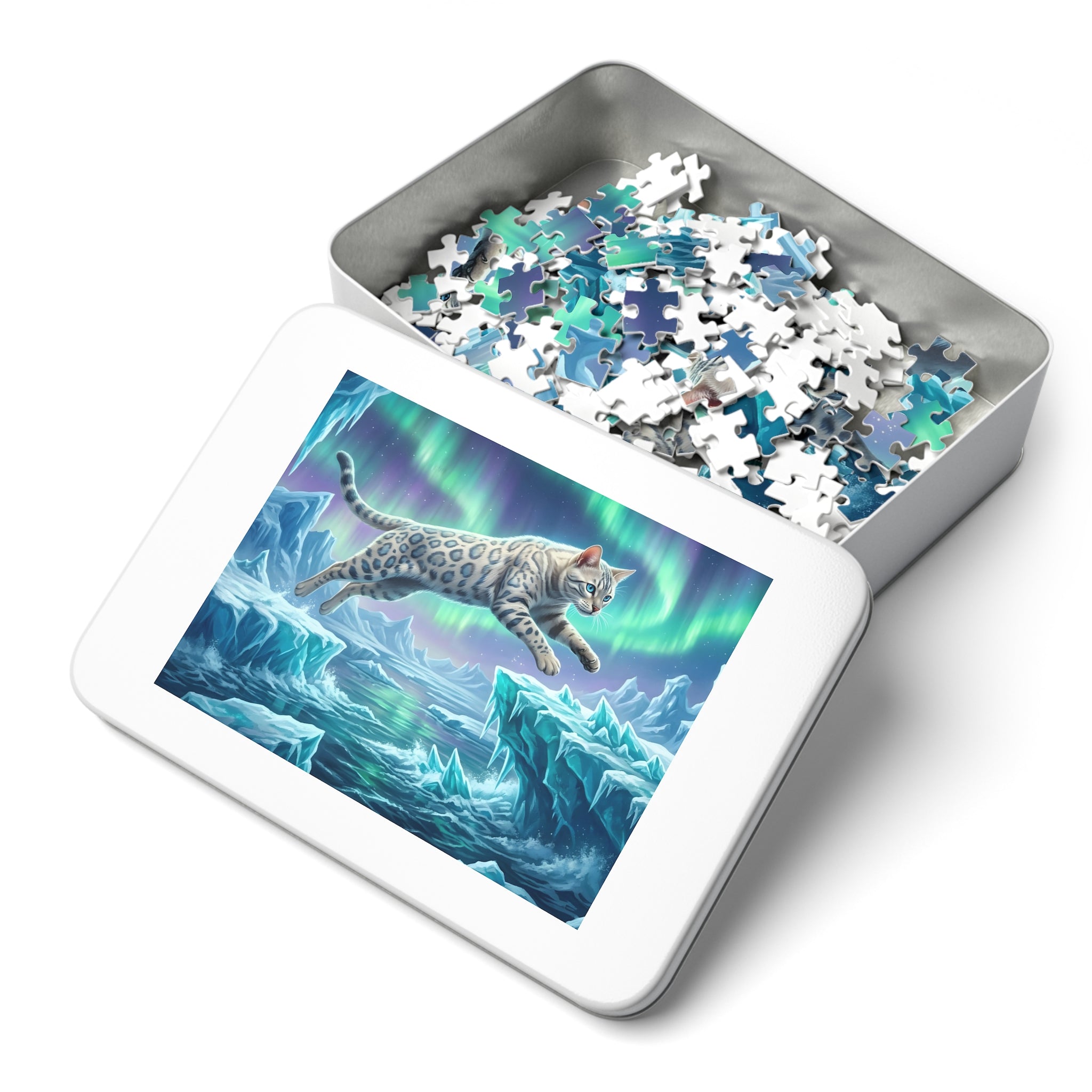 Snow Bengal Leaping Across Glaciers Under Aurora Borealis Jigsaw Puzzle