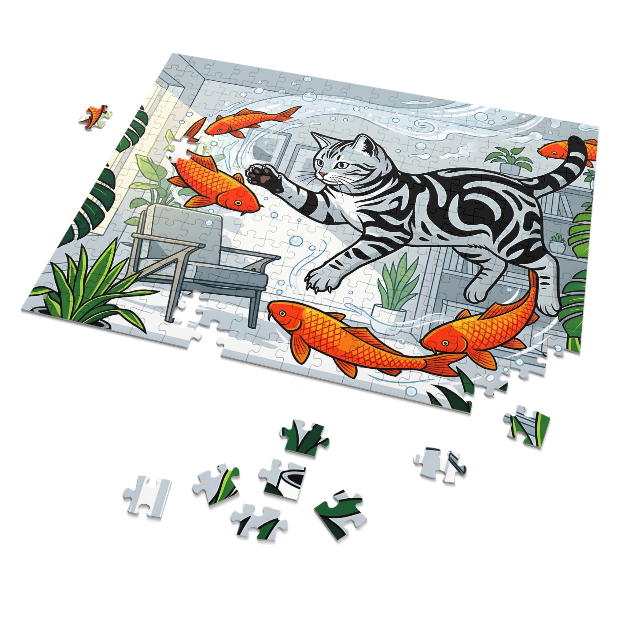 Silver Tabby American Shorthair Flying Goldfish Room Jigsaw Puzzle