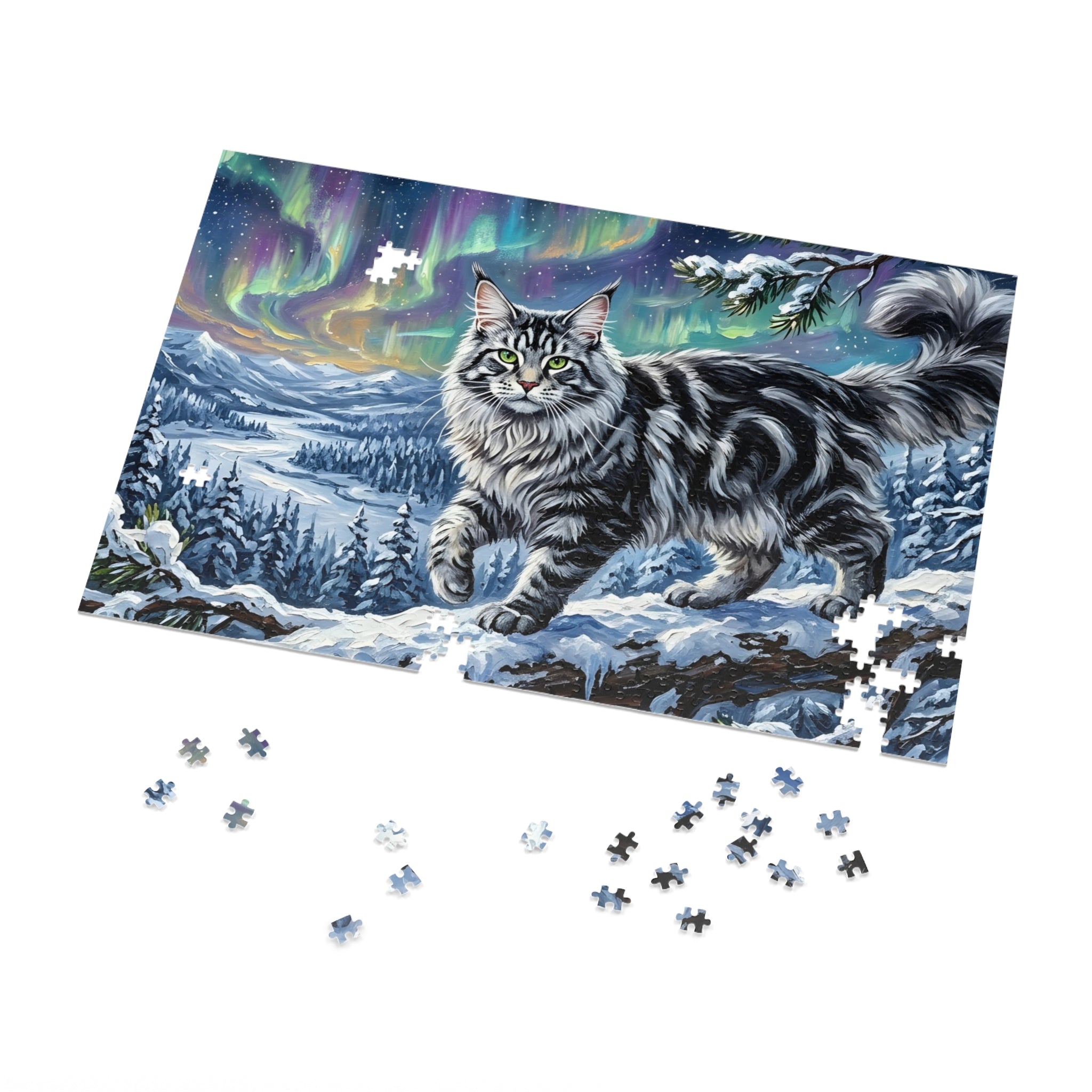 Silver Tabby Maine Coon Northern Lights Snowy Winter Jigsaw Puzzle