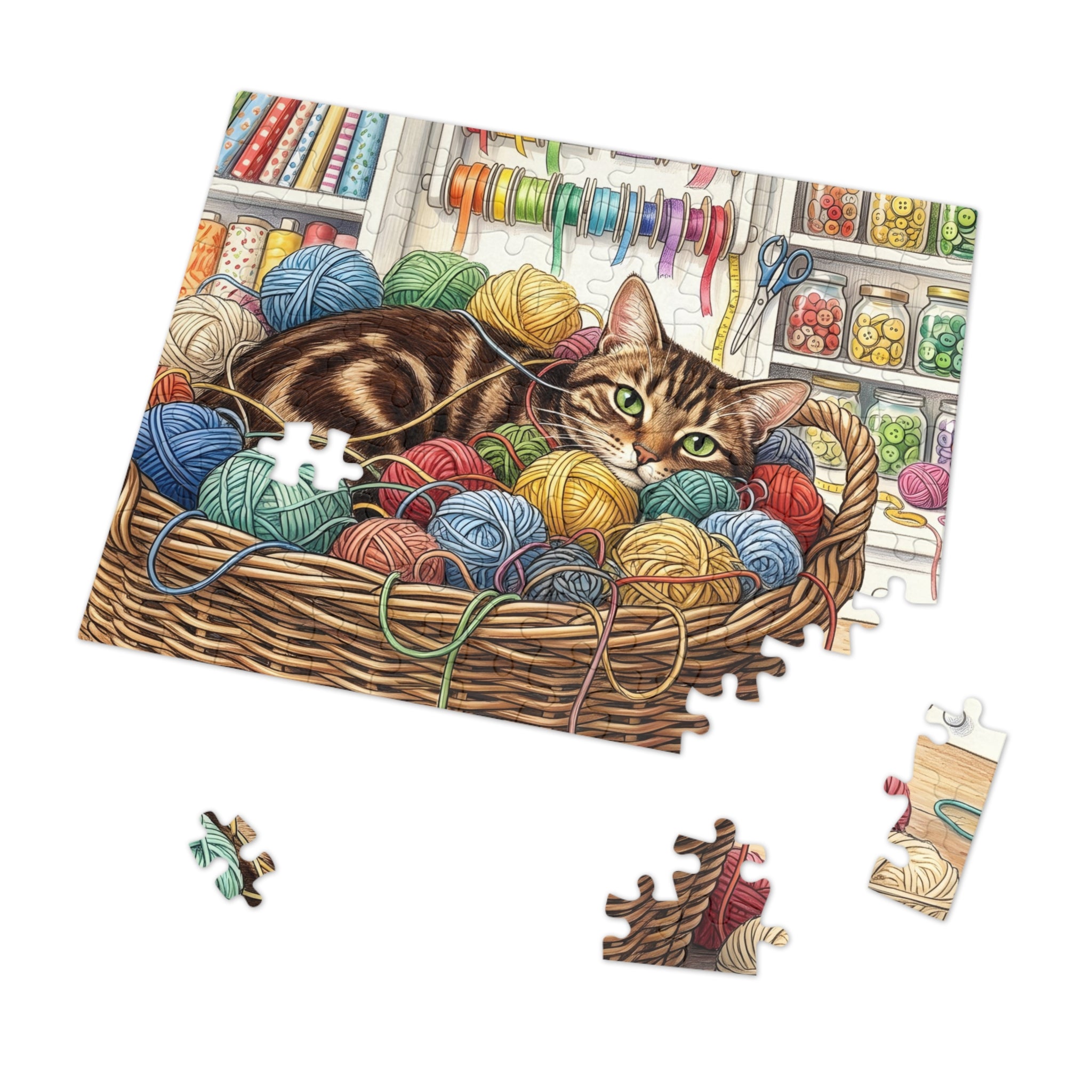 Brown Tabby American Shorthair Yarn Basket Craft Room Jigsaw Puzzle