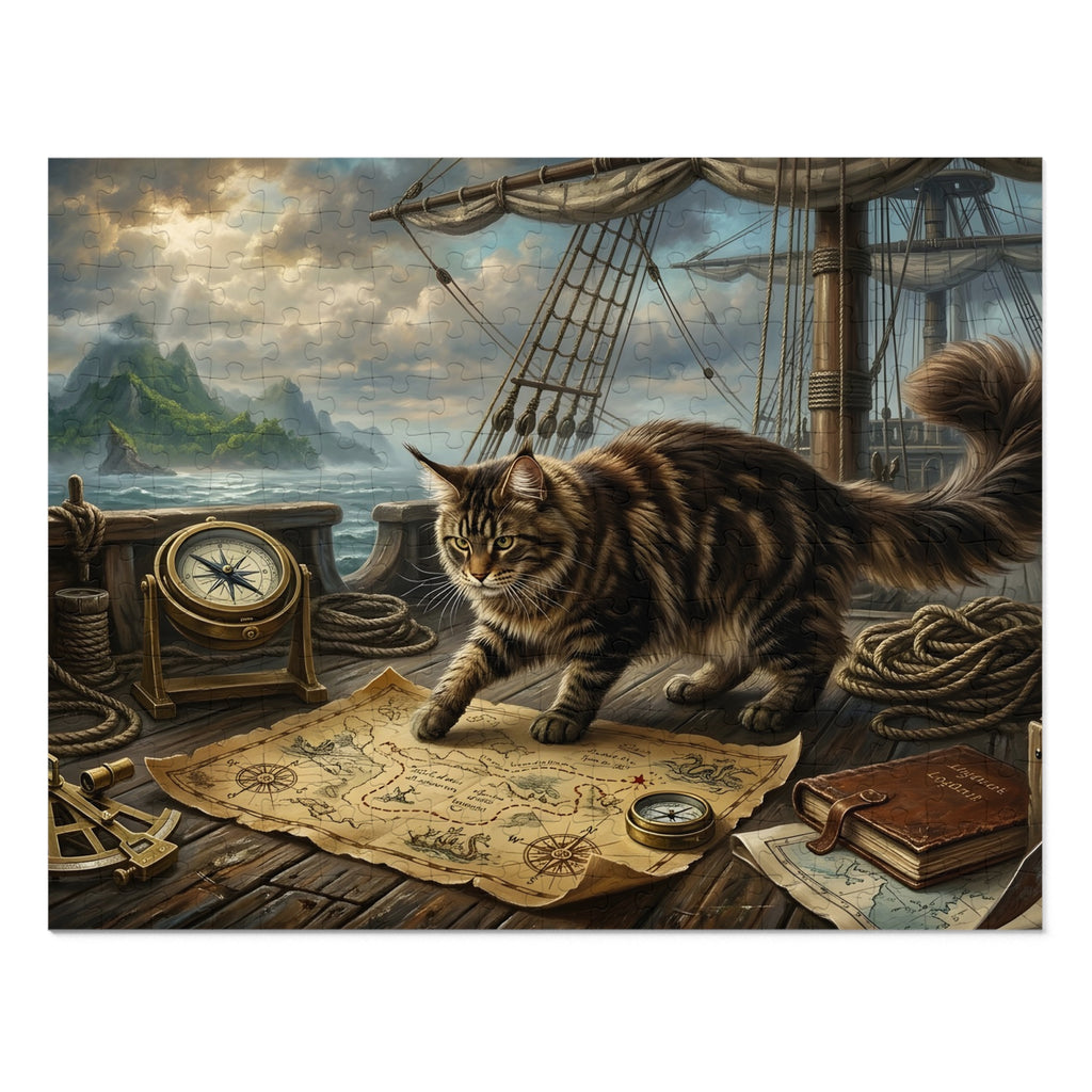 Brown Tabby Maine Coon Pirate Ship Treasure Map Jigsaw Puzzle
