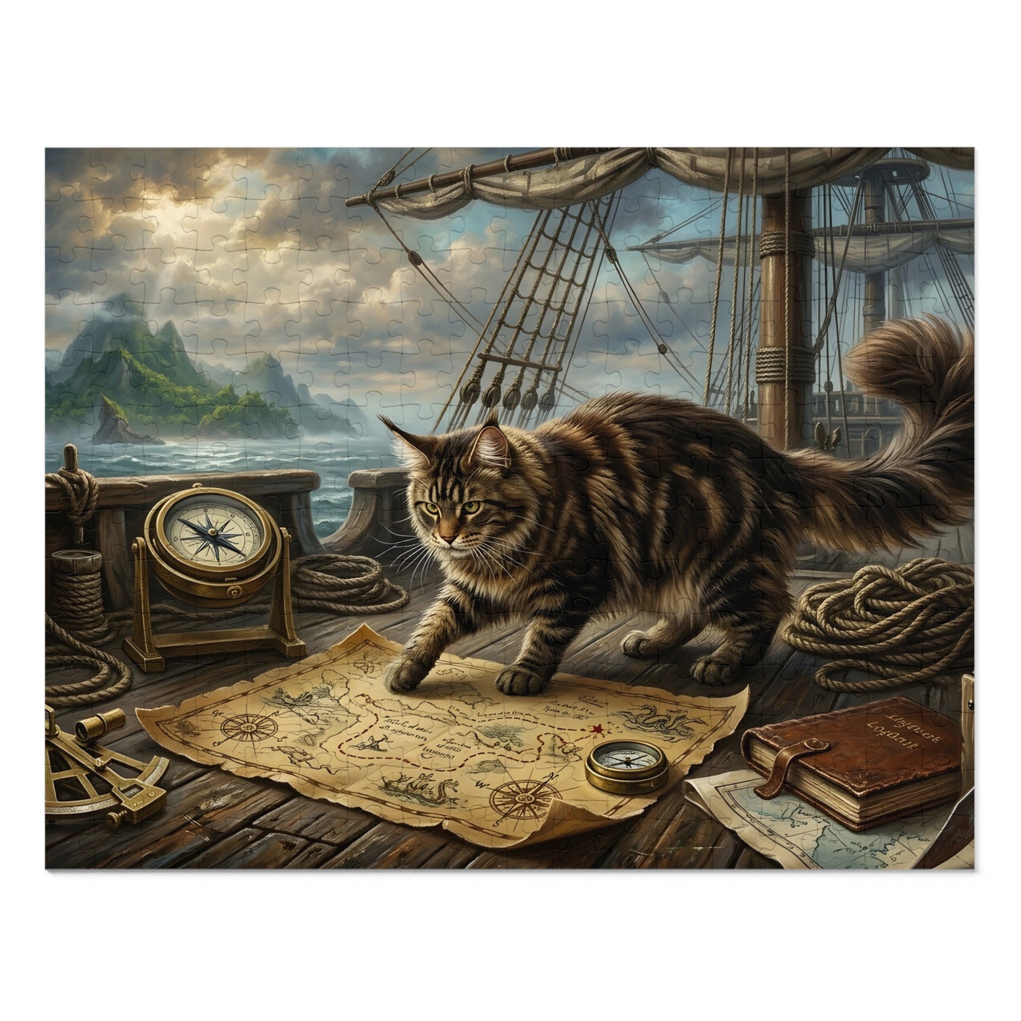 Brown Tabby Maine Coon Pirate Ship Treasure Map Jigsaw Puzzle