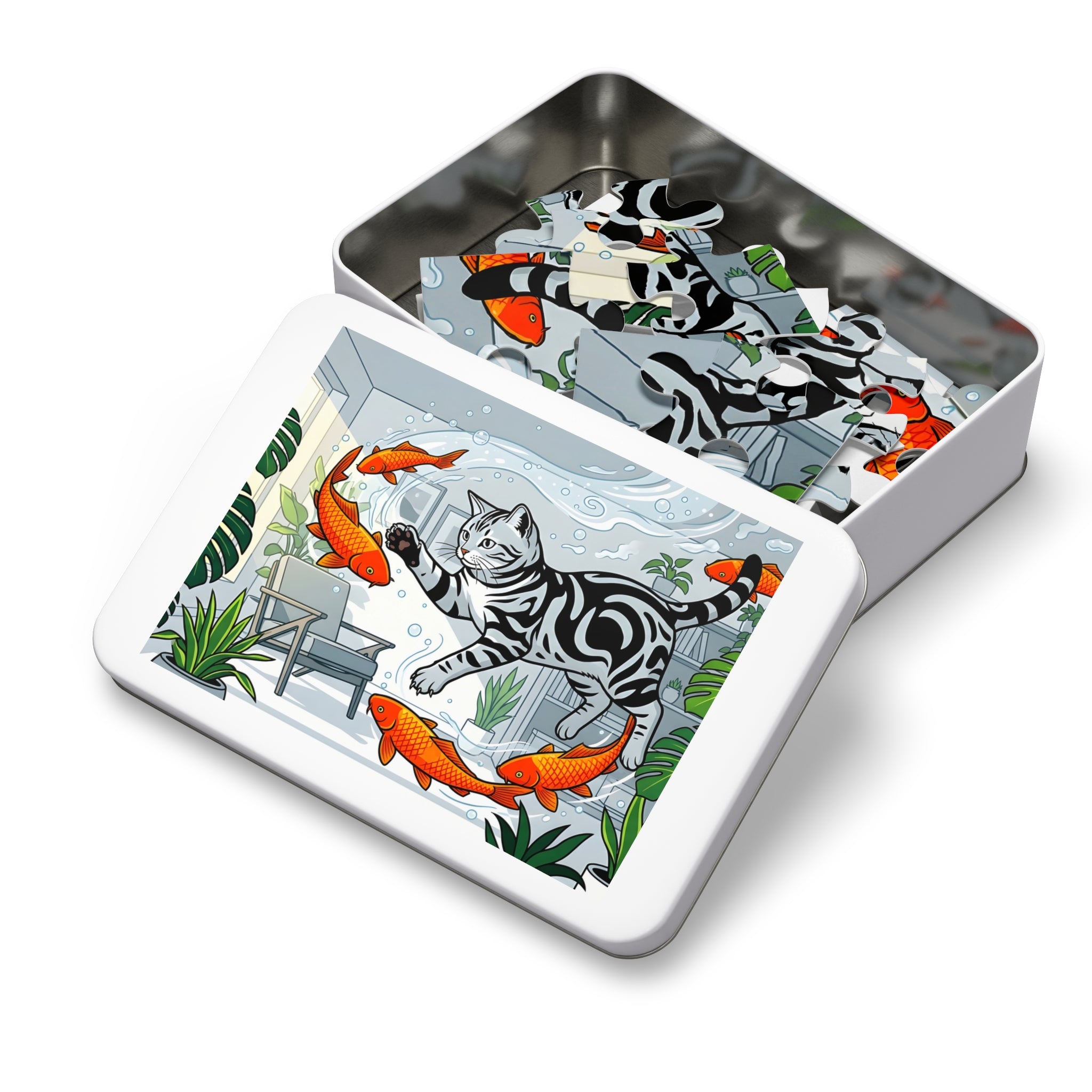 Silver Tabby American Shorthair Flying Goldfish Room Jigsaw Puzzle