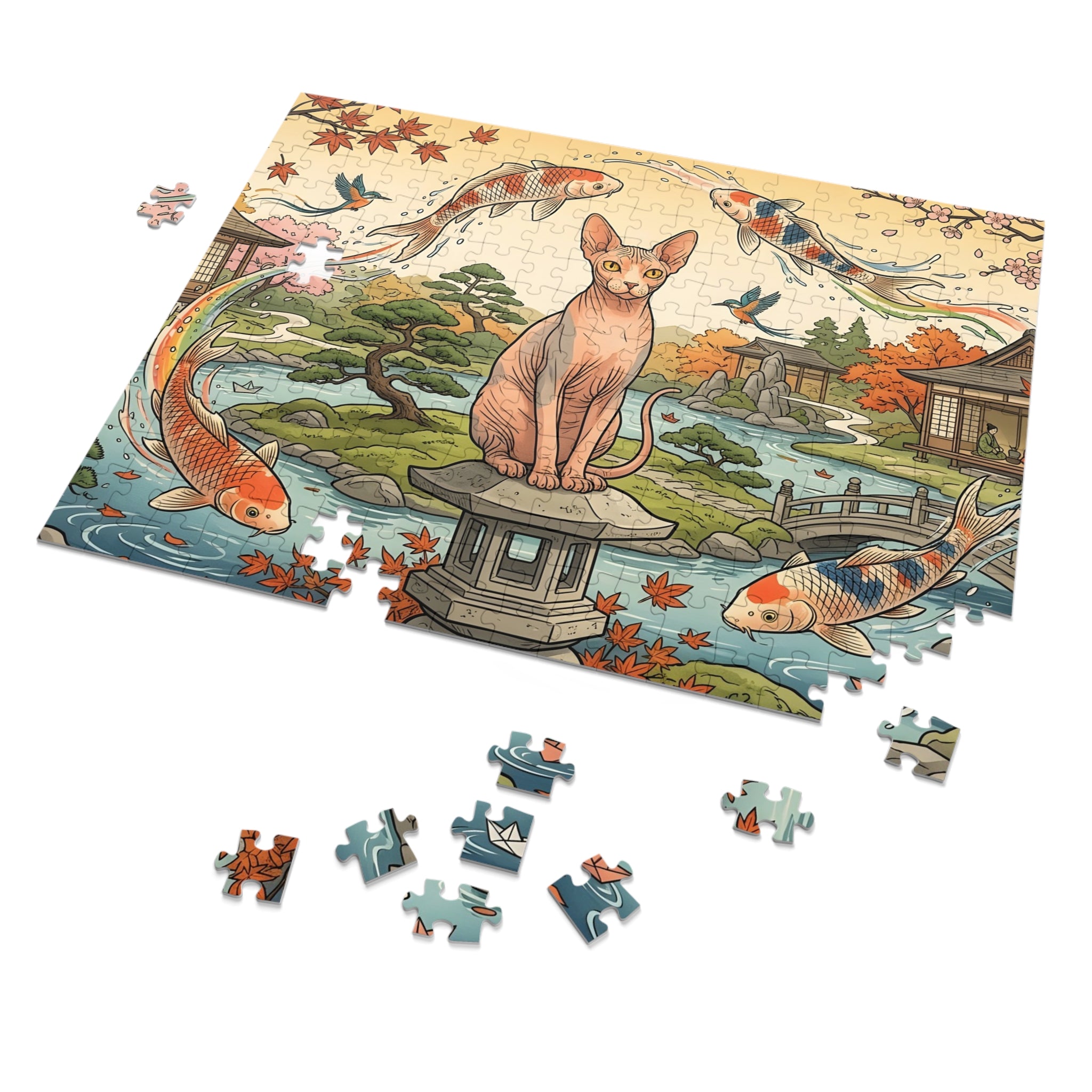 Sphynx Cat Japanese Lantern Flying Koi Garden Jigsaw Puzzle