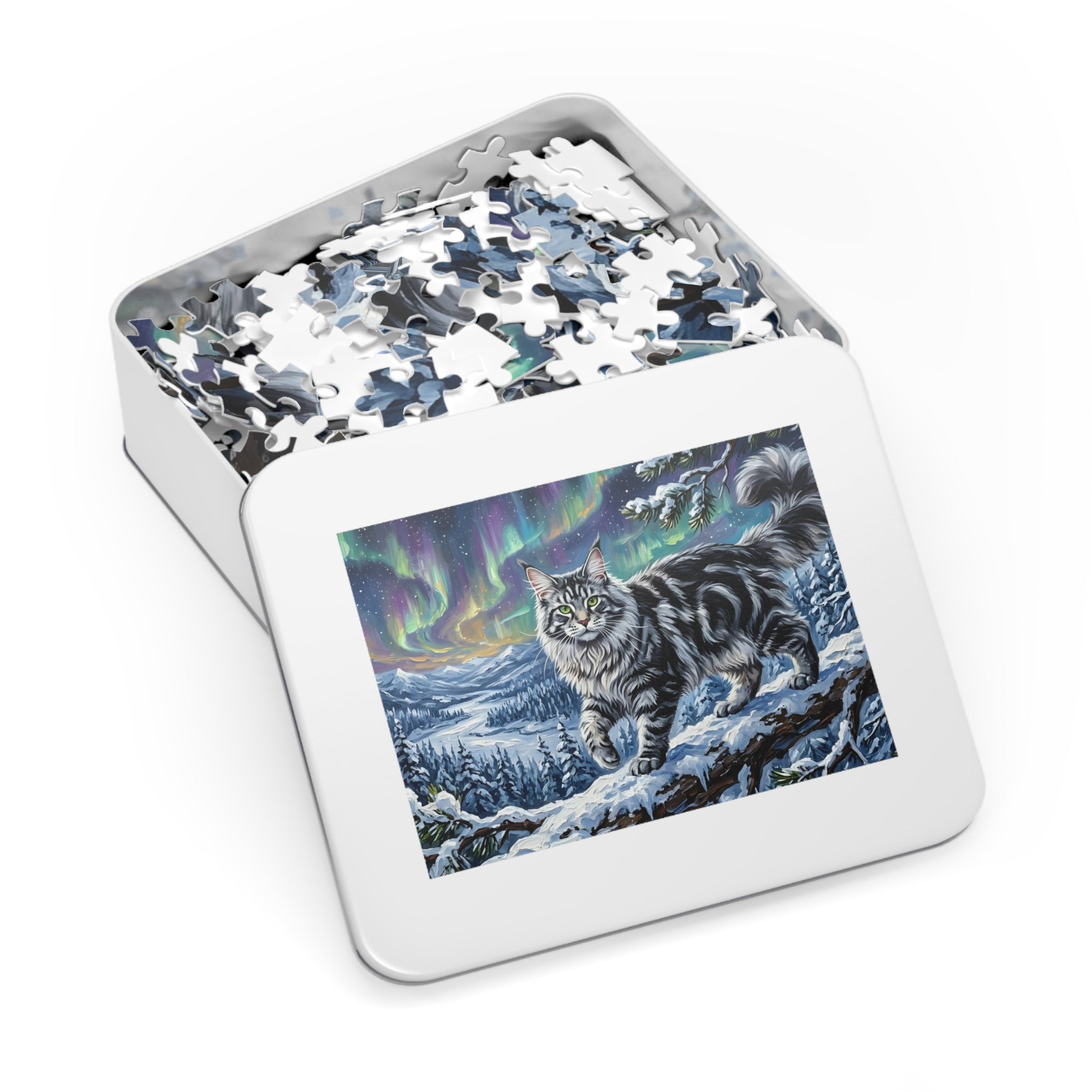 Silver Tabby Maine Coon Northern Lights Snowy Winter Jigsaw Puzzle