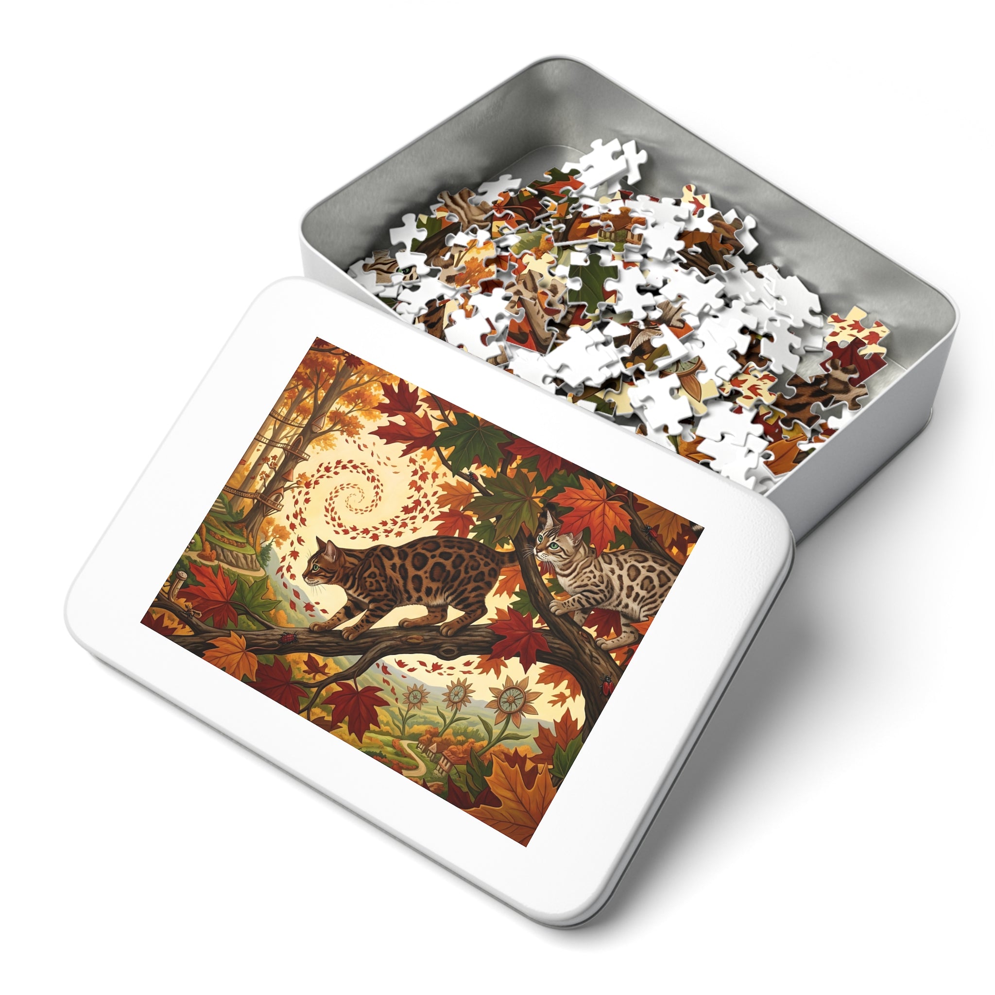 Bengal Cat Autumn Leaf Vortex Forest Jigsaw Puzzle