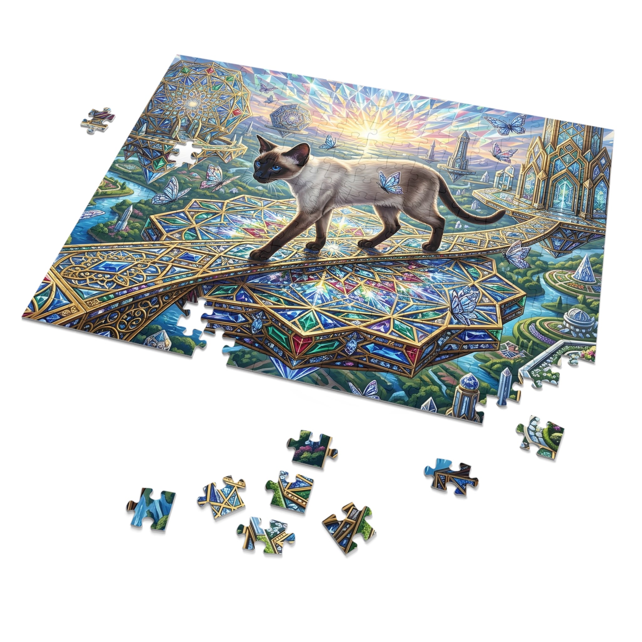 Siamese Cat Stained Glass Geometric Skybridge Jigsaw Puzzle