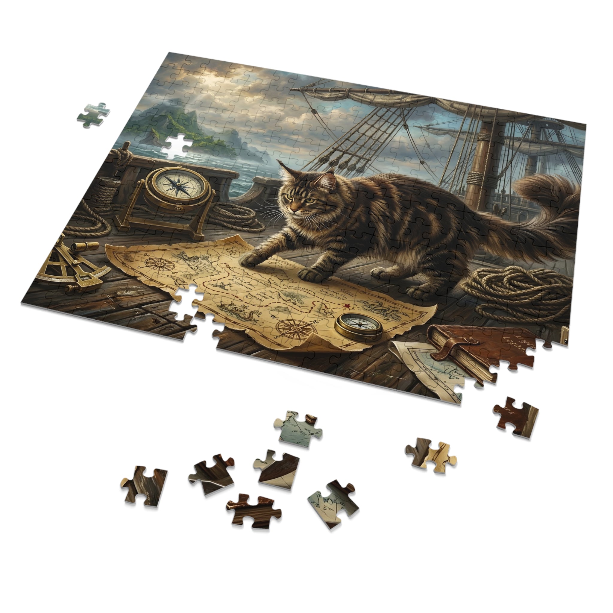 Brown Tabby Maine Coon Pirate Ship Treasure Map Jigsaw Puzzle