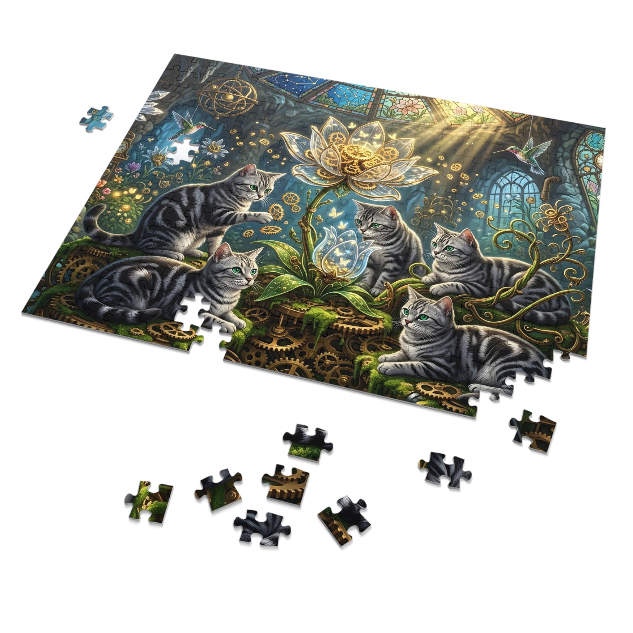 Silver Tabby American Shorthair Steampunk Clockwork Lotus Greenhouse Jigsaw Puzzle