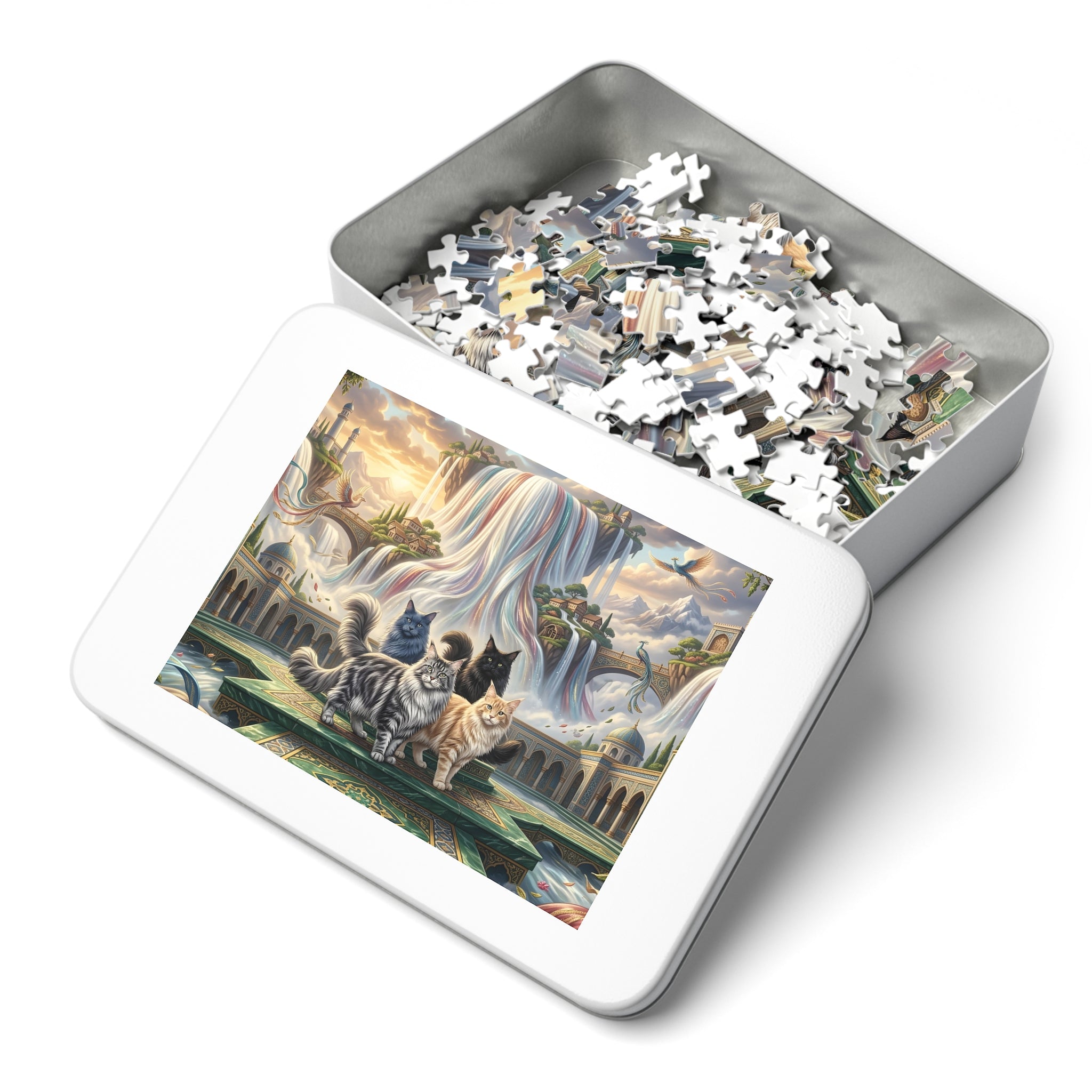 Maine Coon Cat Rainbow Waterfall Palace Phoenix Courtyard Jigsaw Puzzle