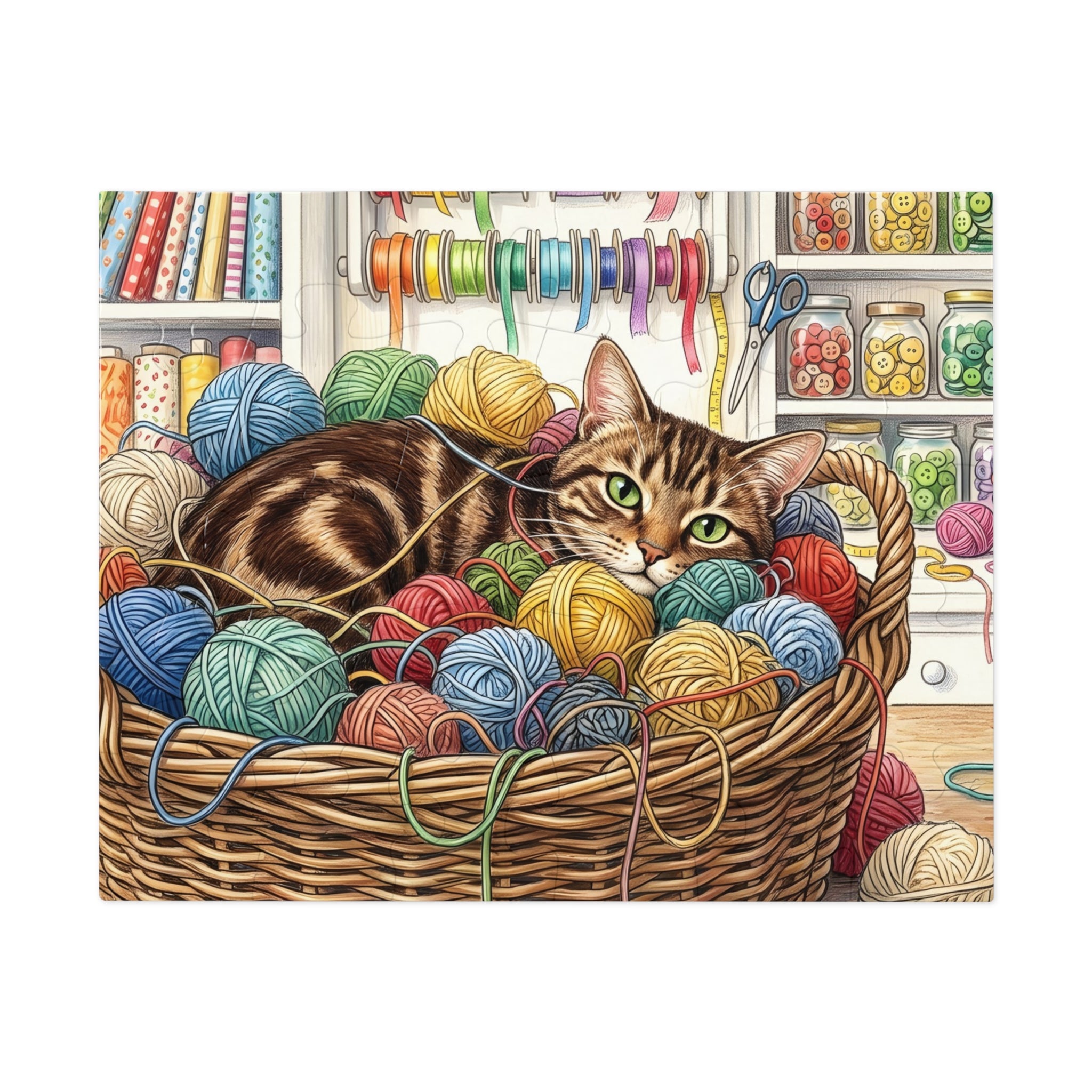 Brown Tabby American Shorthair Yarn Basket Craft Room Jigsaw Puzzle