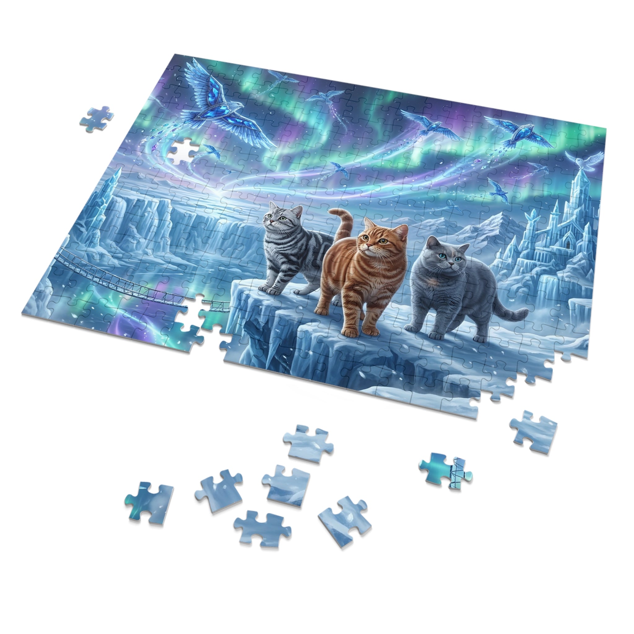 American Shorthair Cat Northern Lights Ice Castle Aurora Jigsaw Puzzle