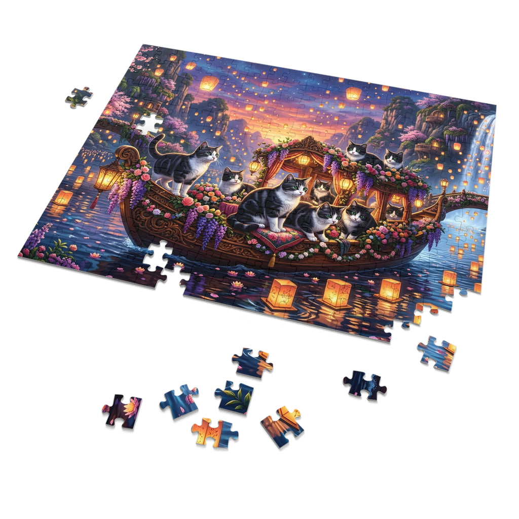 Black White Tuxedo American Shorthair Floating Lantern River Jigsaw Puzzle