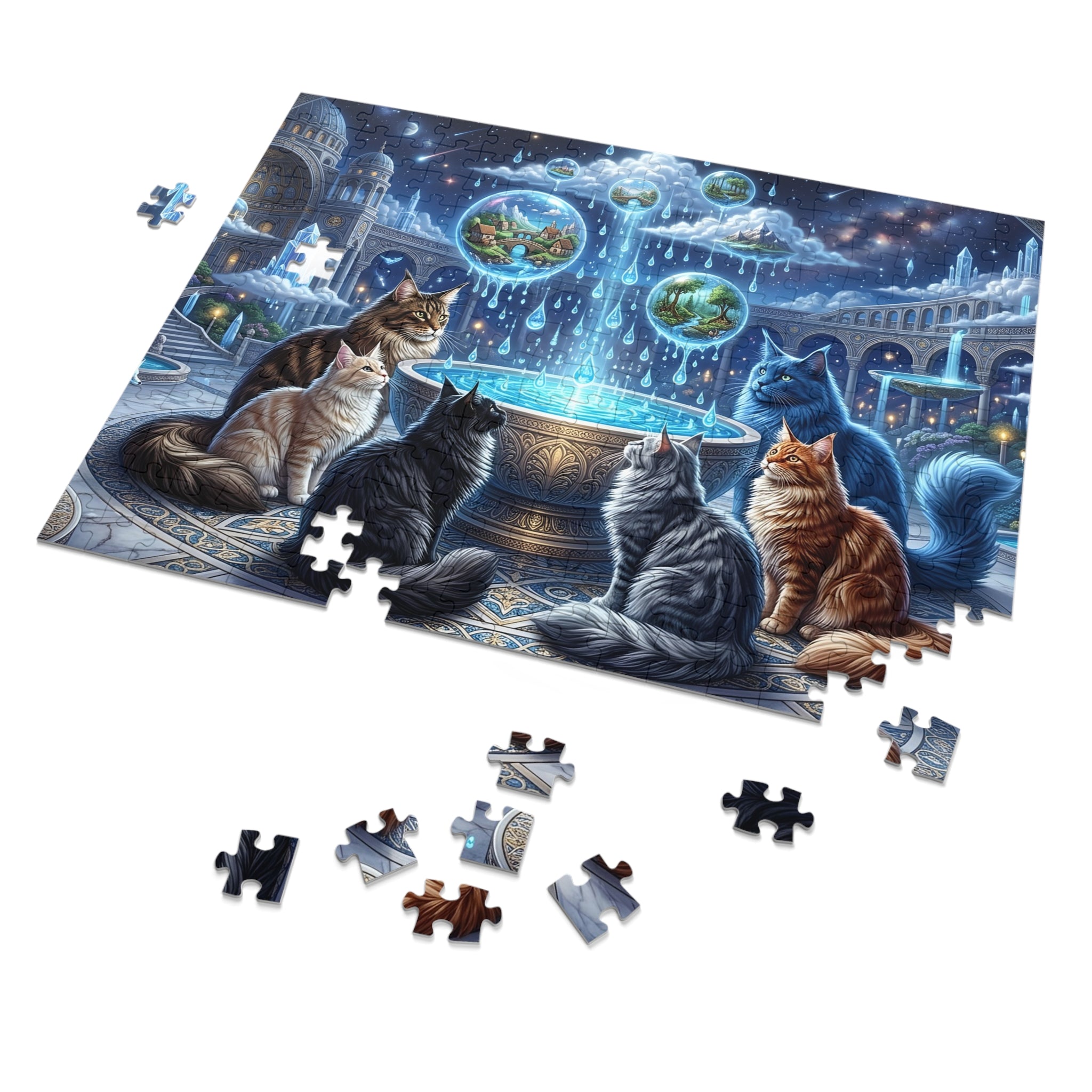 Maine Coon Cat Magical Fountain Droplet Orbs Crystal Palace Jigsaw Puzzle