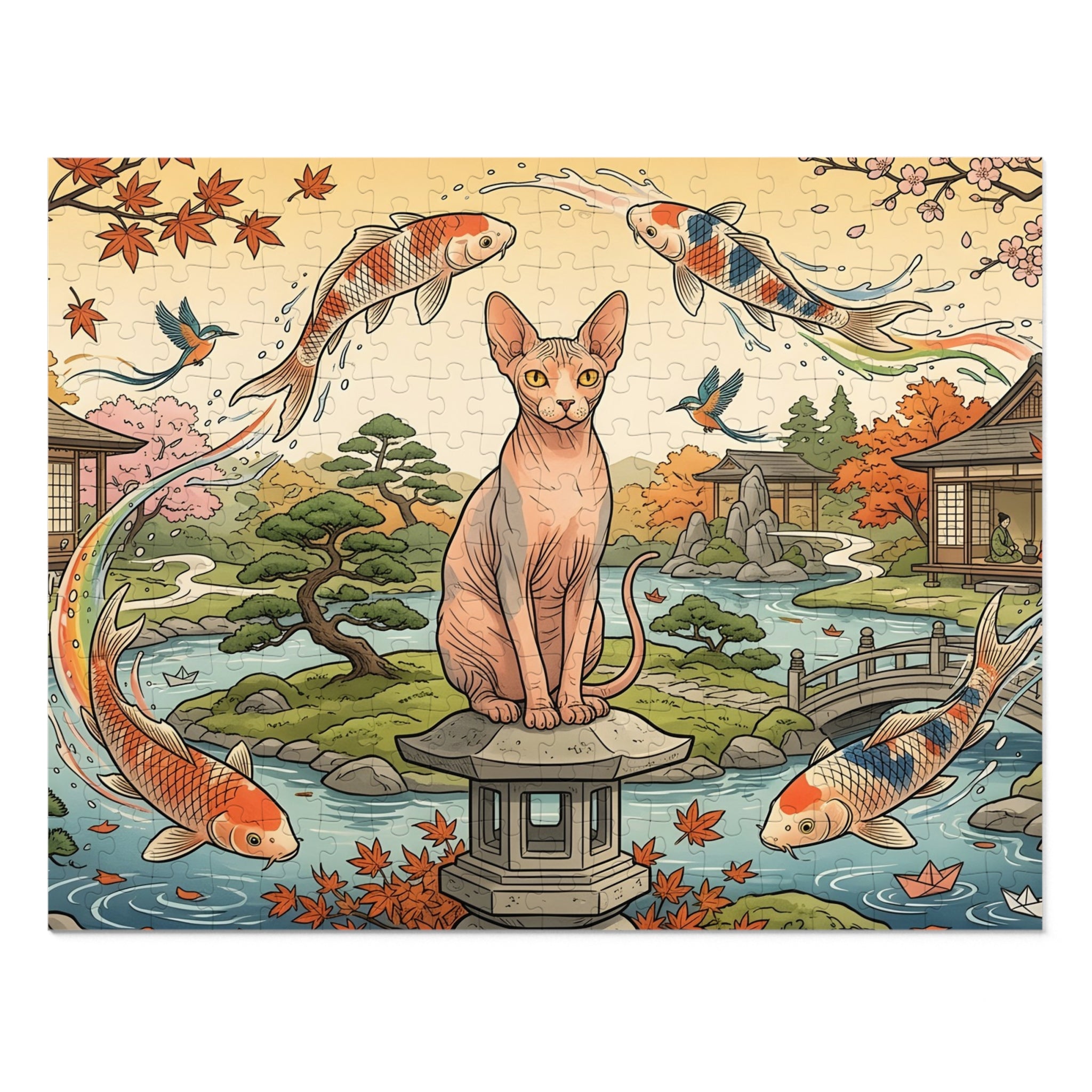 Sphynx Cat Japanese Lantern Flying Koi Garden Jigsaw Puzzle