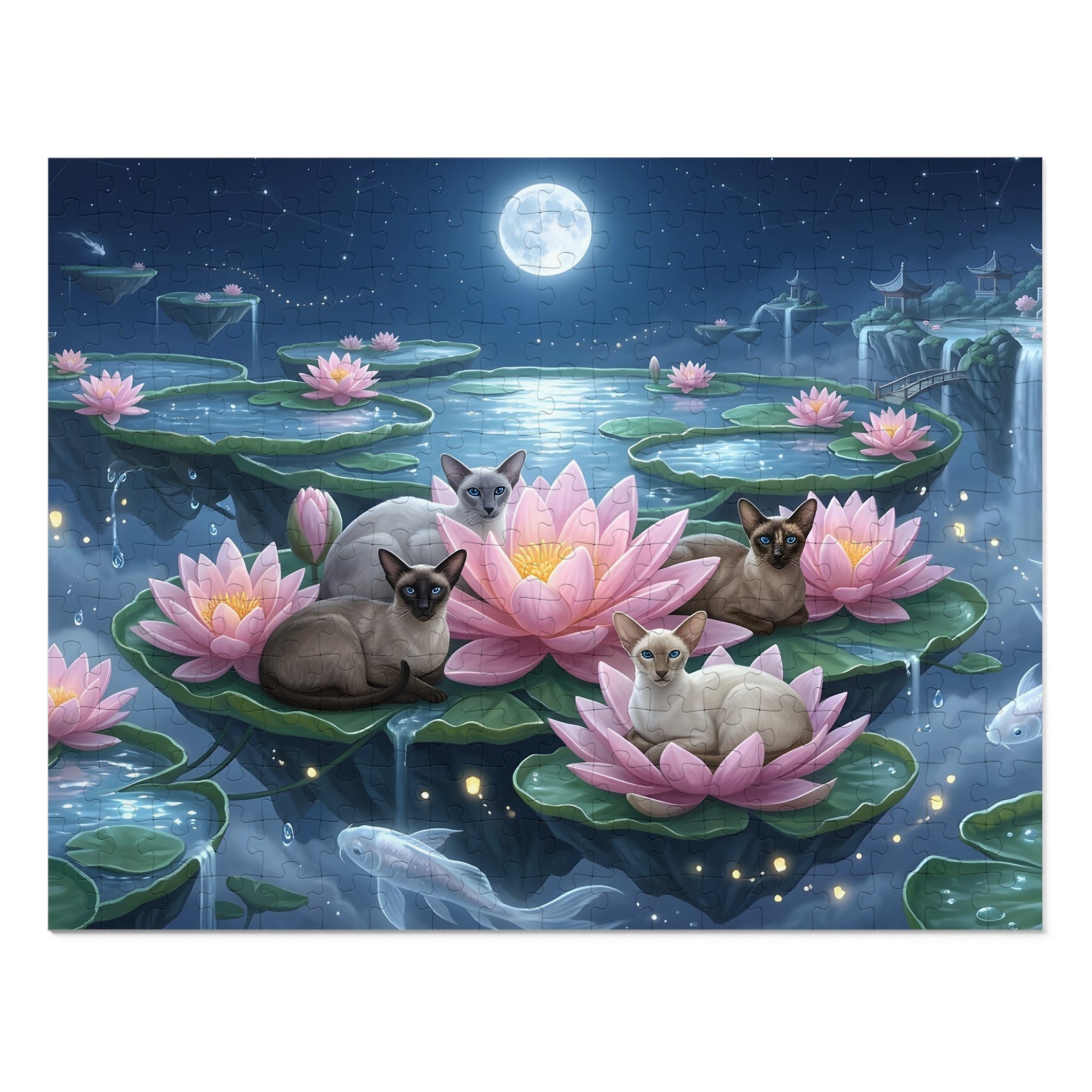 Siamese Cat Floating Lotus Water Lily Moonlight Lake Jigsaw Puzzle