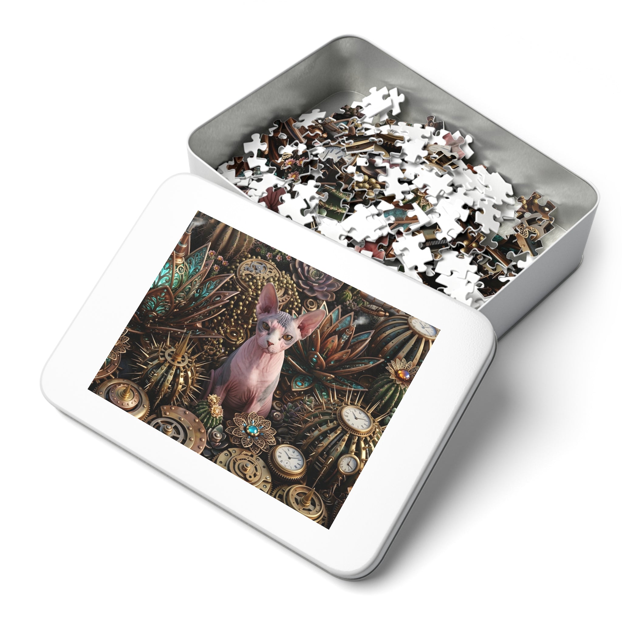 Pink and Grey Sphynx Steampunk Steampow Succulents Jigsaw Puzzle