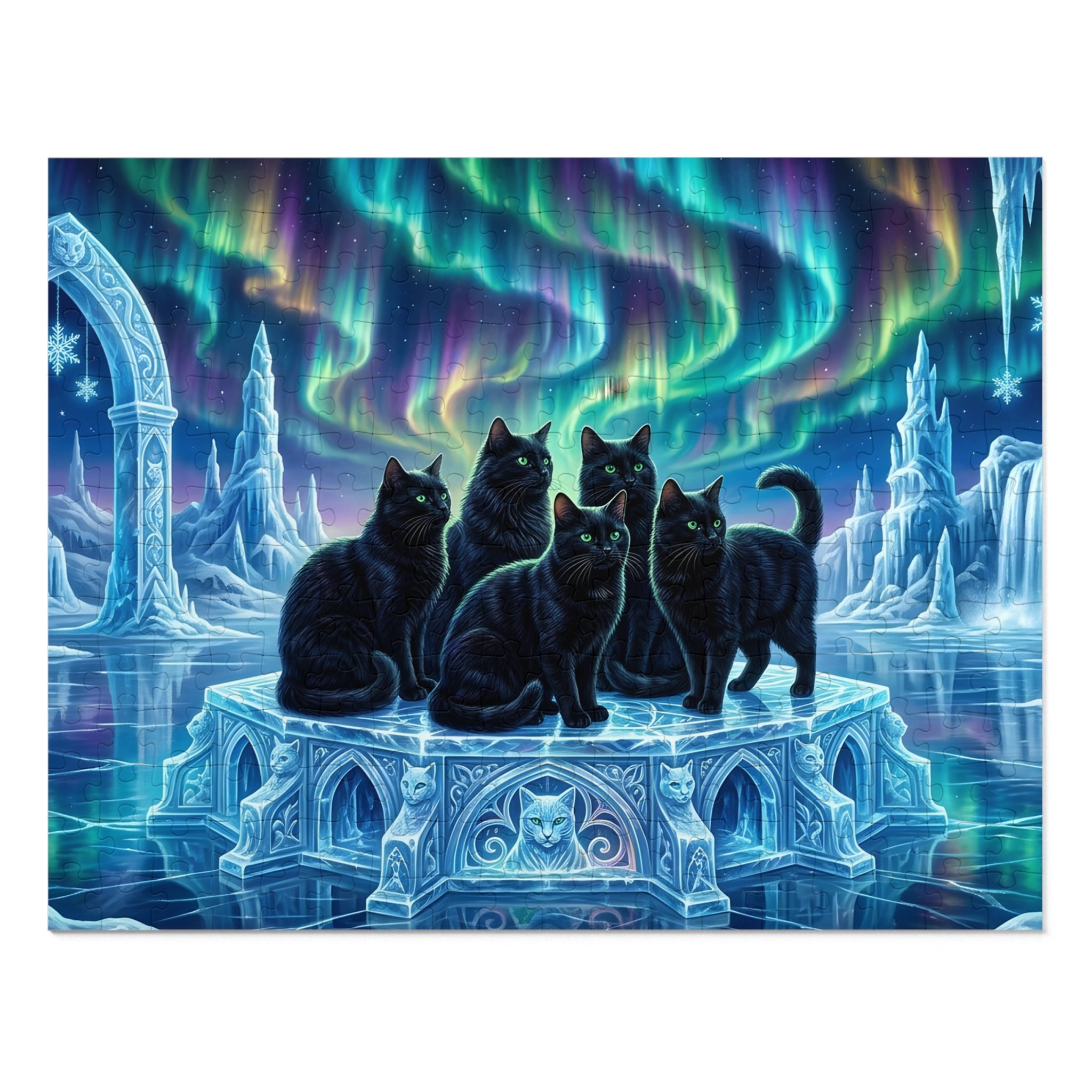 Black American Shorthair Northern Lights Ice Castle Jigsaw Puzzle