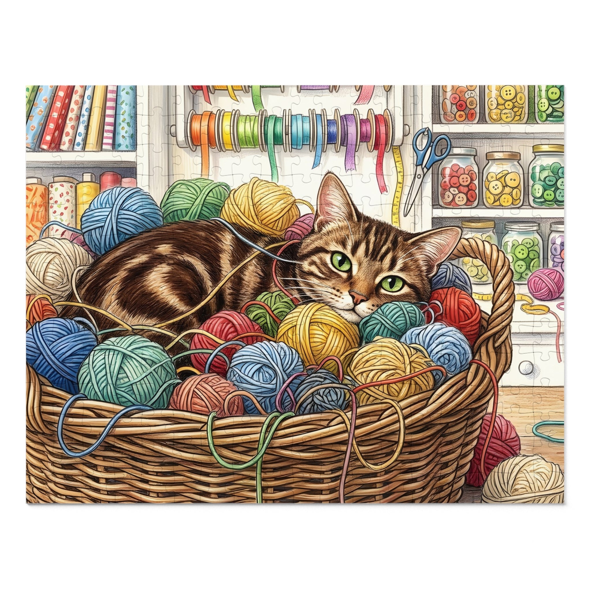 Brown Tabby American Shorthair Yarn Basket Craft Room Jigsaw Puzzle