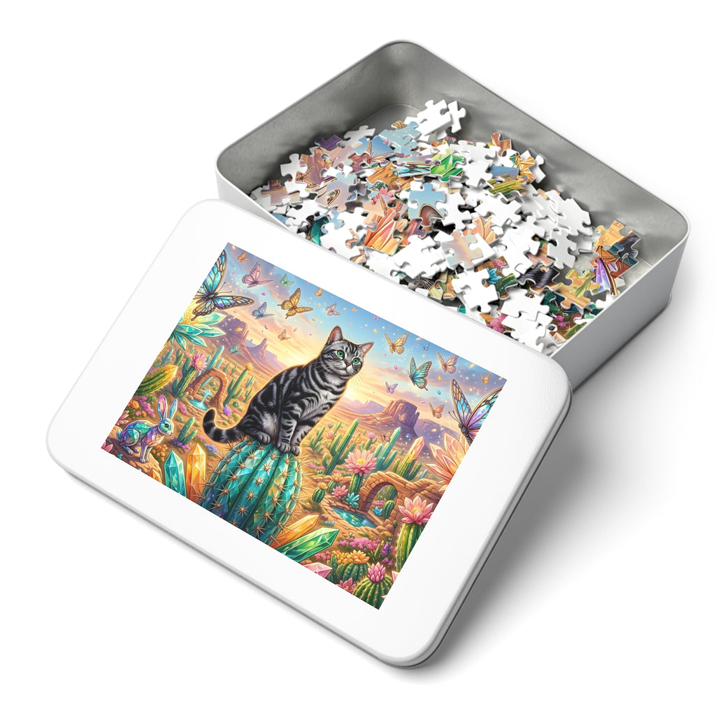 American Shorthair Cat Crystal Cactus Butterfly Desert Oasis Jigsaw Puzzle