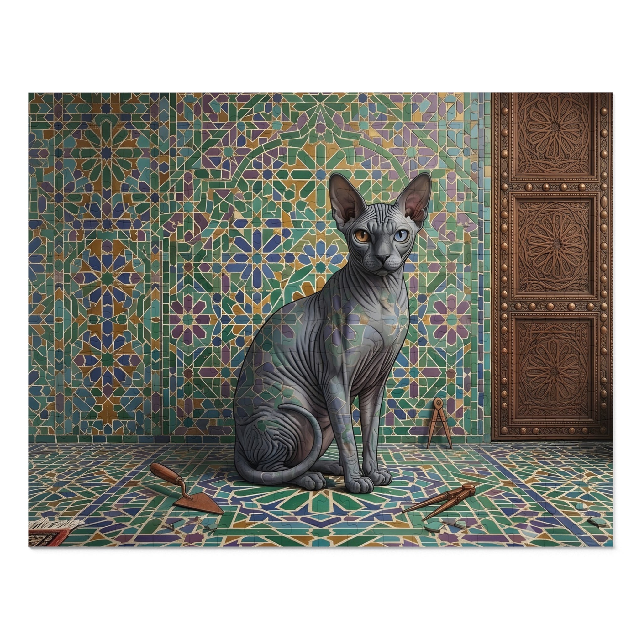 Grey Odd-Eyed Sphynx Mosaic Tile Palace Jigsaw Puzzle