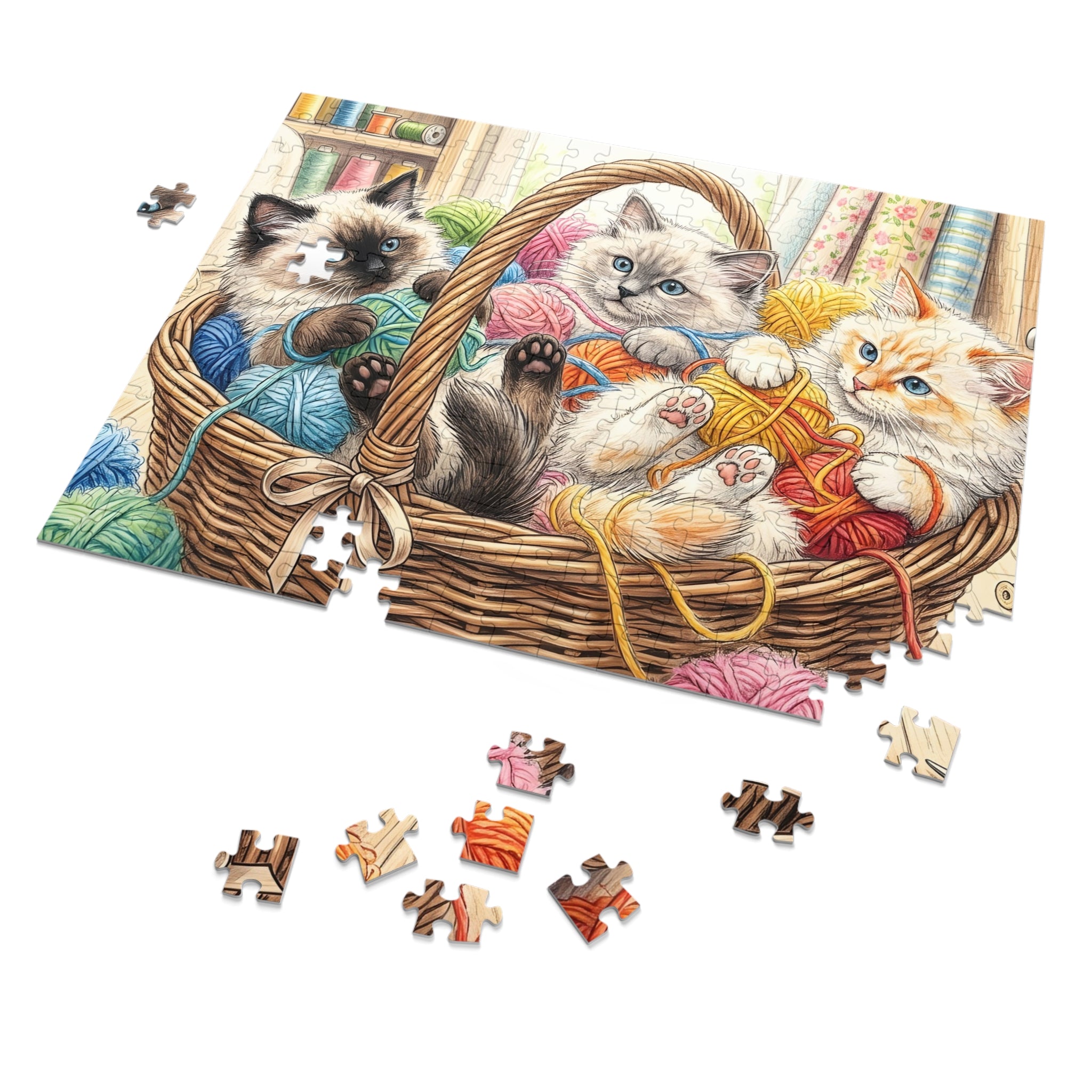 Seal, Blue, and Flame Point Ragdoll Kittens Yarn Basket Jigsaw Puzzle
