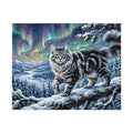 Silver Tabby Maine Coon Northern Lights Snowy Winter Jigsaw Puzzle