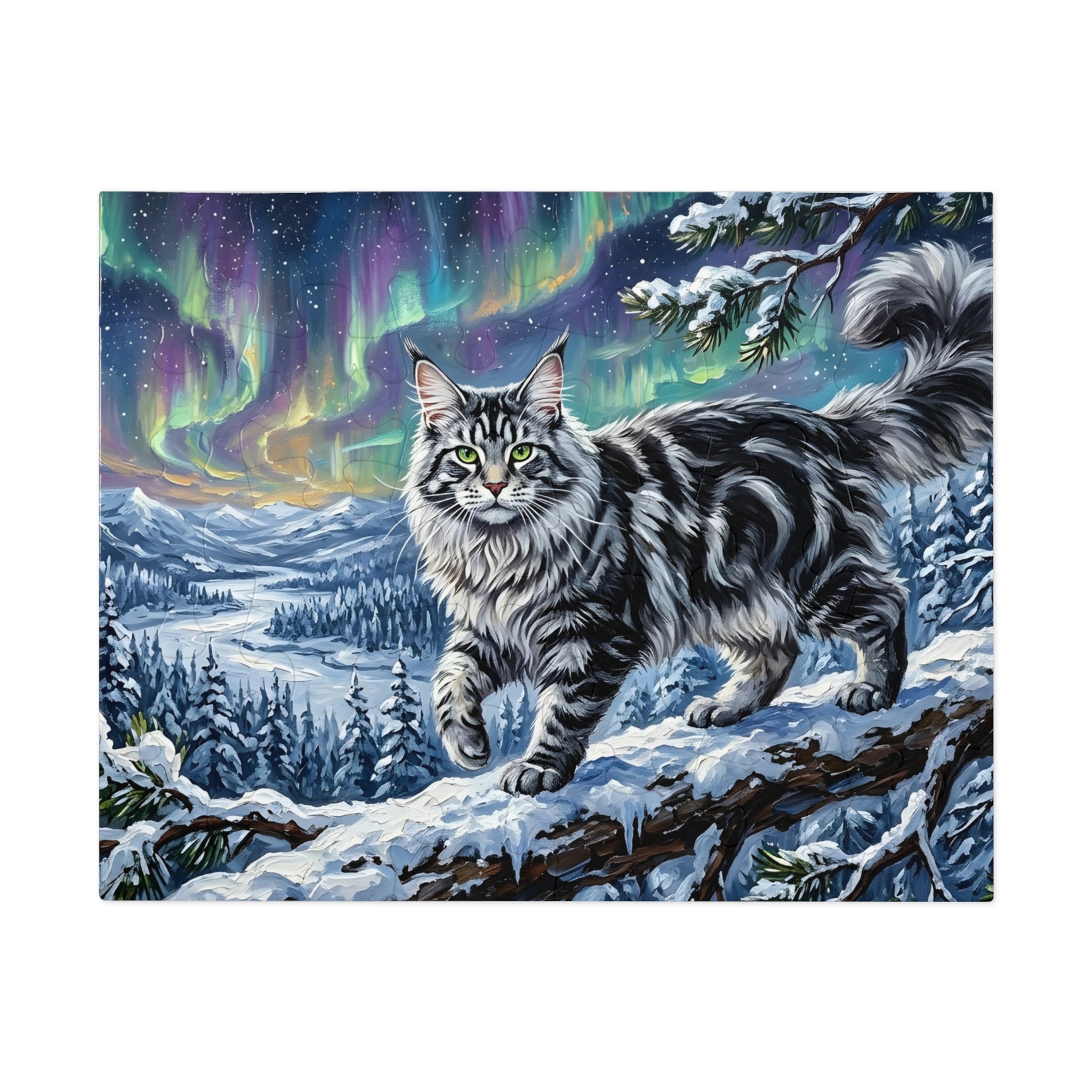 Silver Tabby Maine Coon Northern Lights Snowy Winter Jigsaw Puzzle