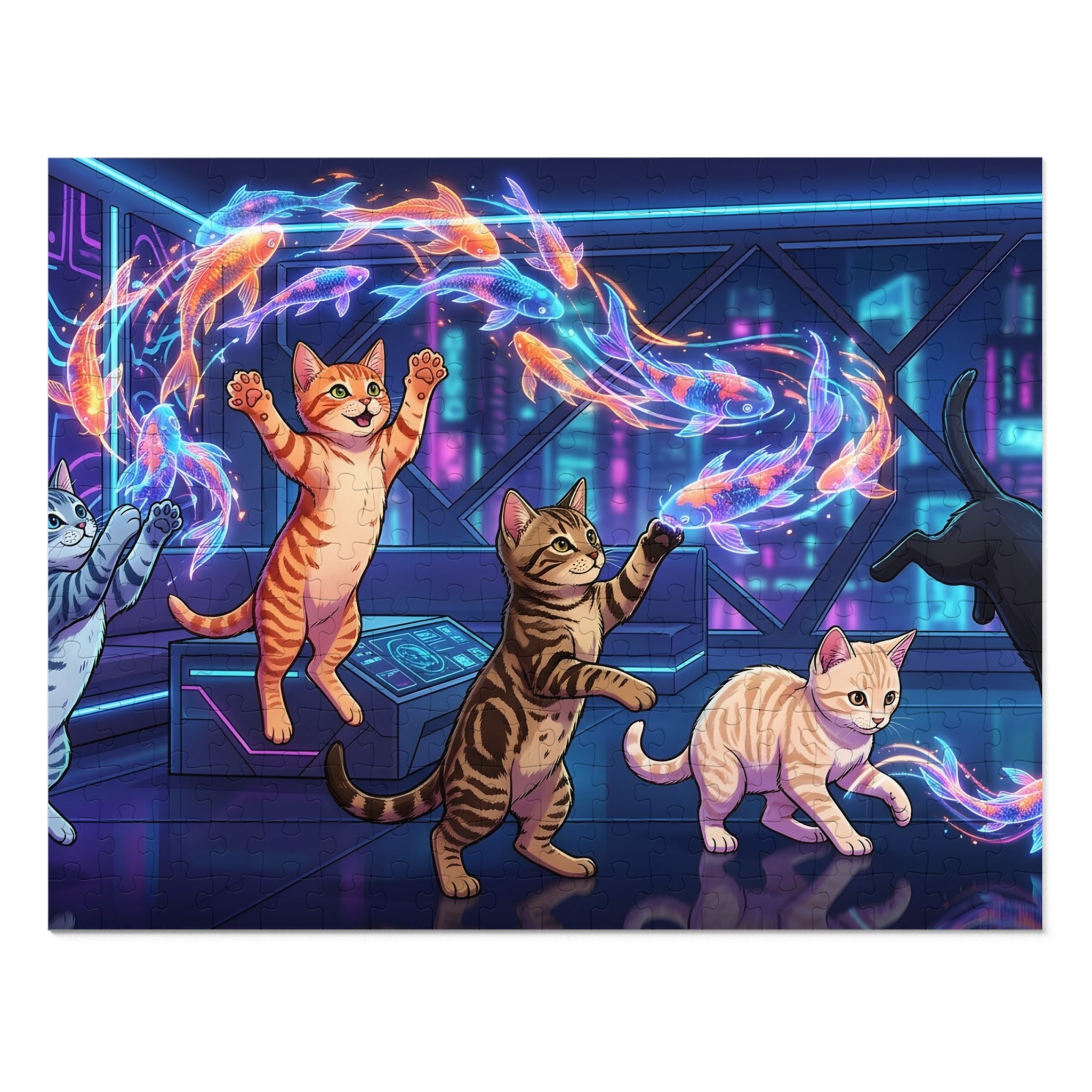 American Shorthair Cyberpunk Neon Glowing Koi Fish Jigsaw Puzzle