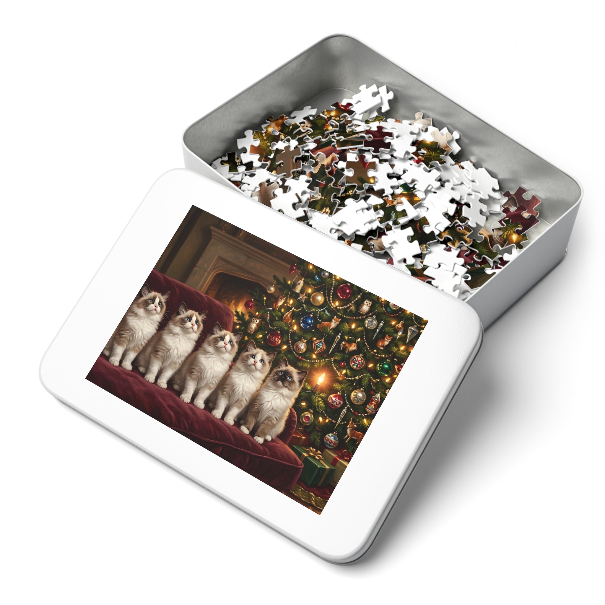 Seal Bicolor and Seal Point Ragdoll Kittens Christmas Tree Jigsaw Puzzle