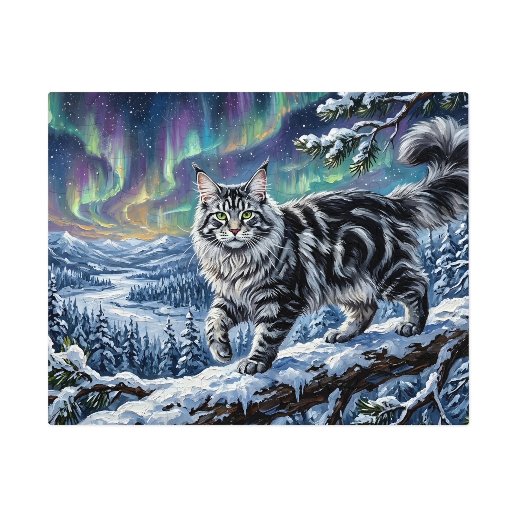 Silver Tabby Maine Coon Northern Lights Snowy Winter Jigsaw Puzzle