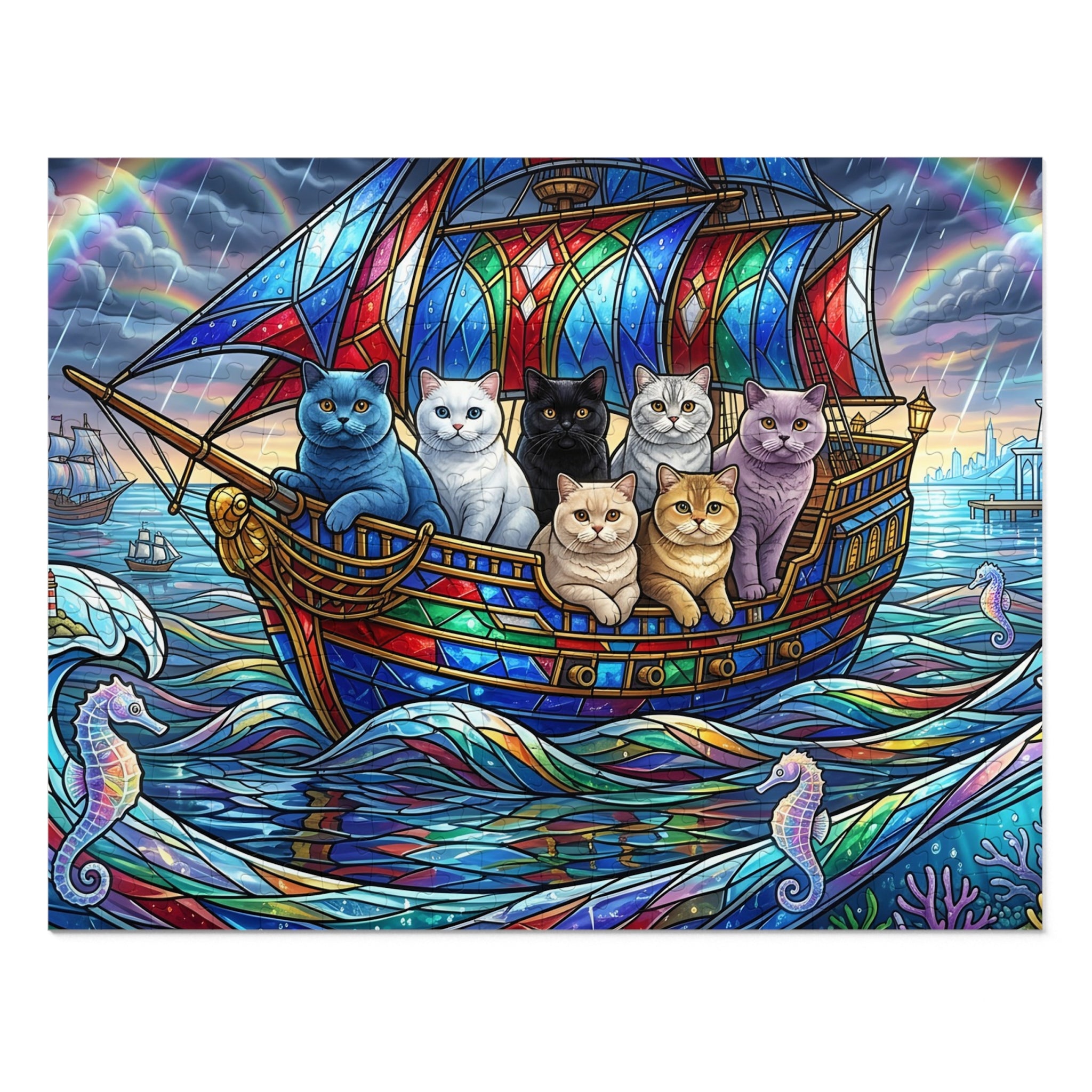 British Shorthair Cat Stained Glass Galleon Jigsaw Puzzle